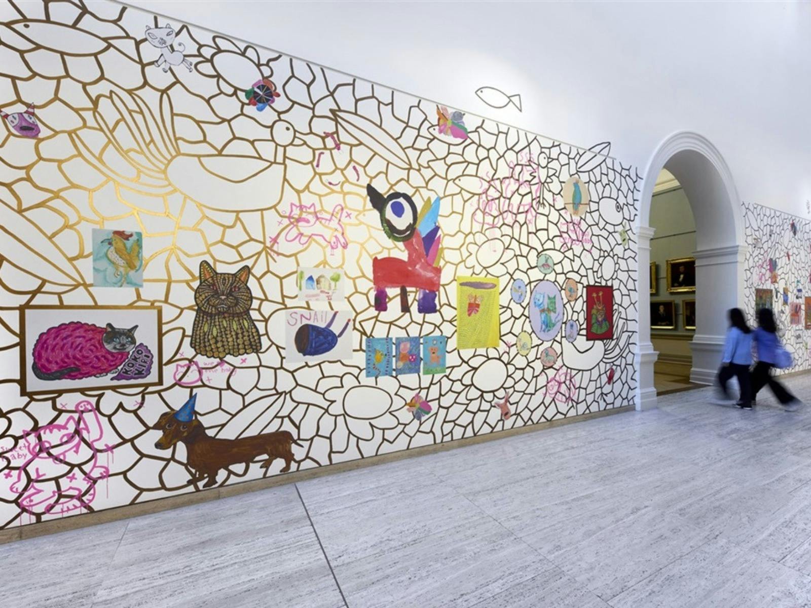 Installation image of Pet Palace mural at the Art Gallery of NSW with drawings of animals and shapes