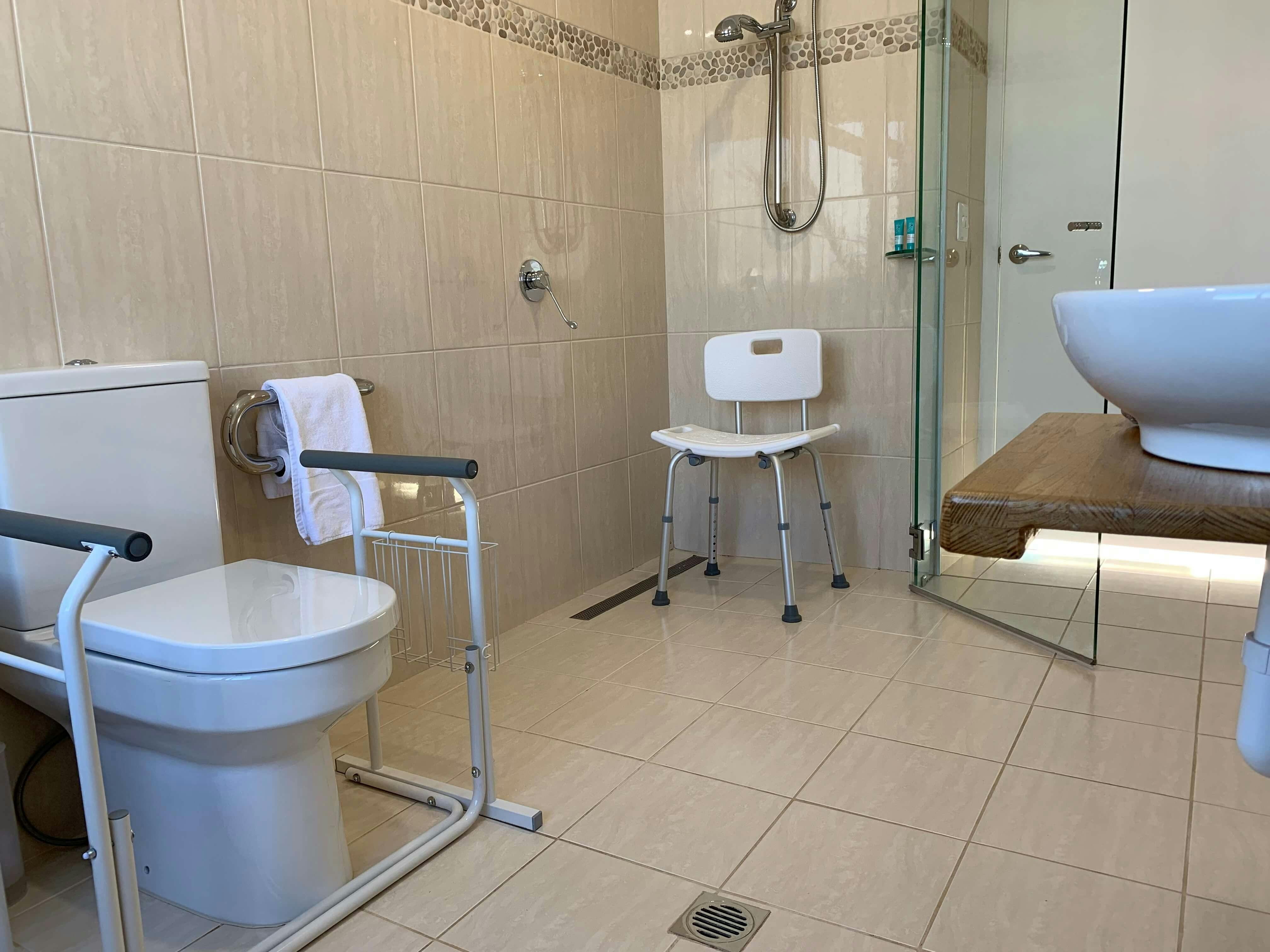 Hob free, accessible bathroom at disability holiday accommodation Seafarers Diamond Beach