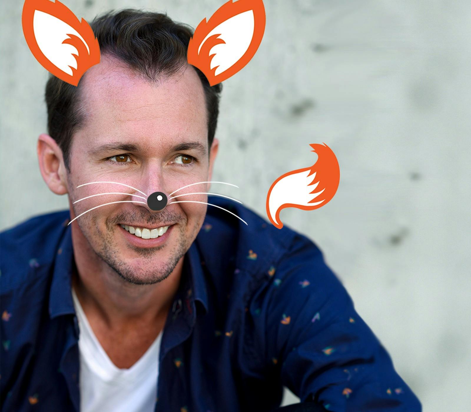 A portrait of performer Mike McLeish overlaid to make him look like a fox for his new musical comedy