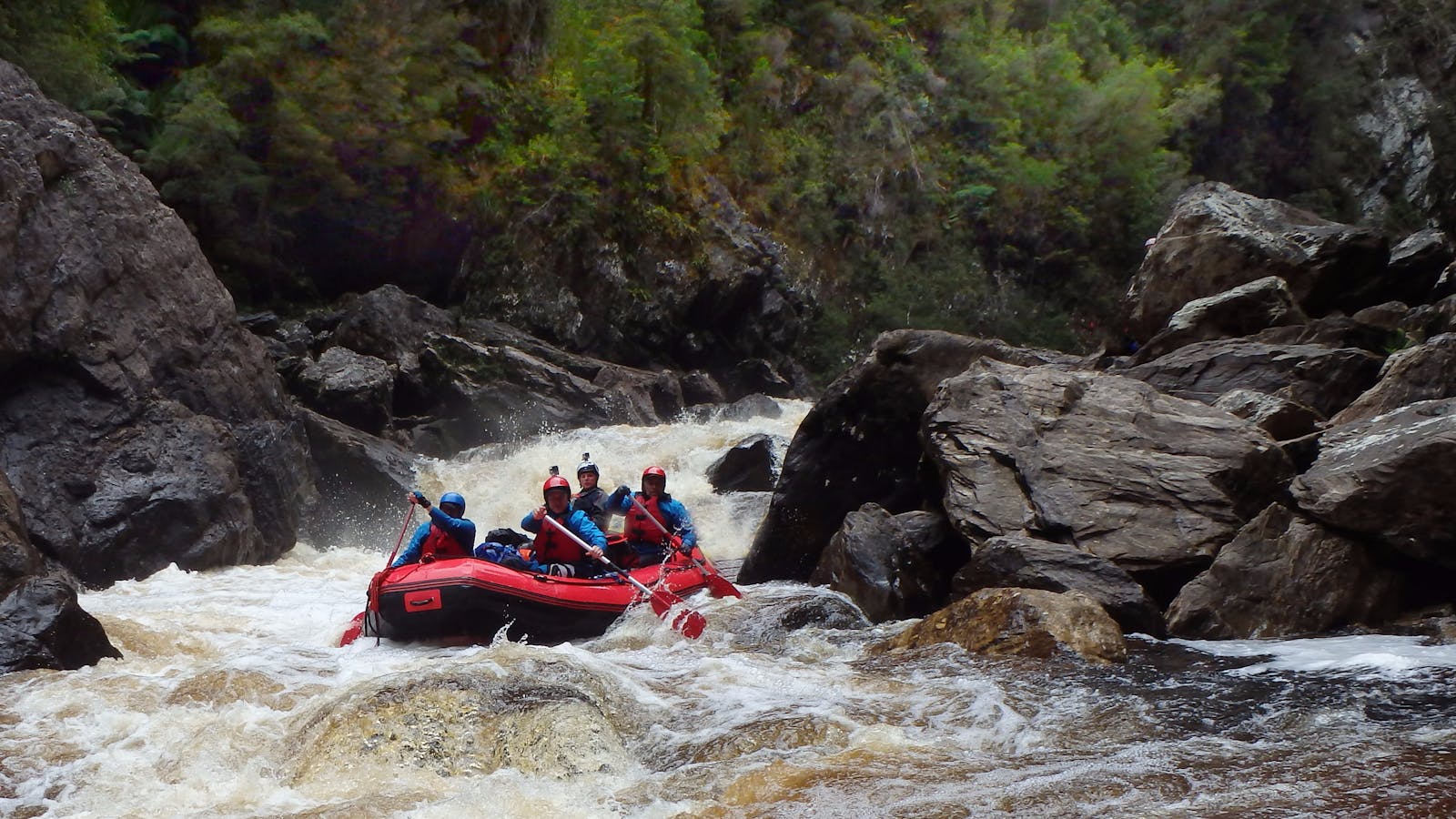 whitewater rafting action in the Great Ravine on the Franklin River in Tasmania