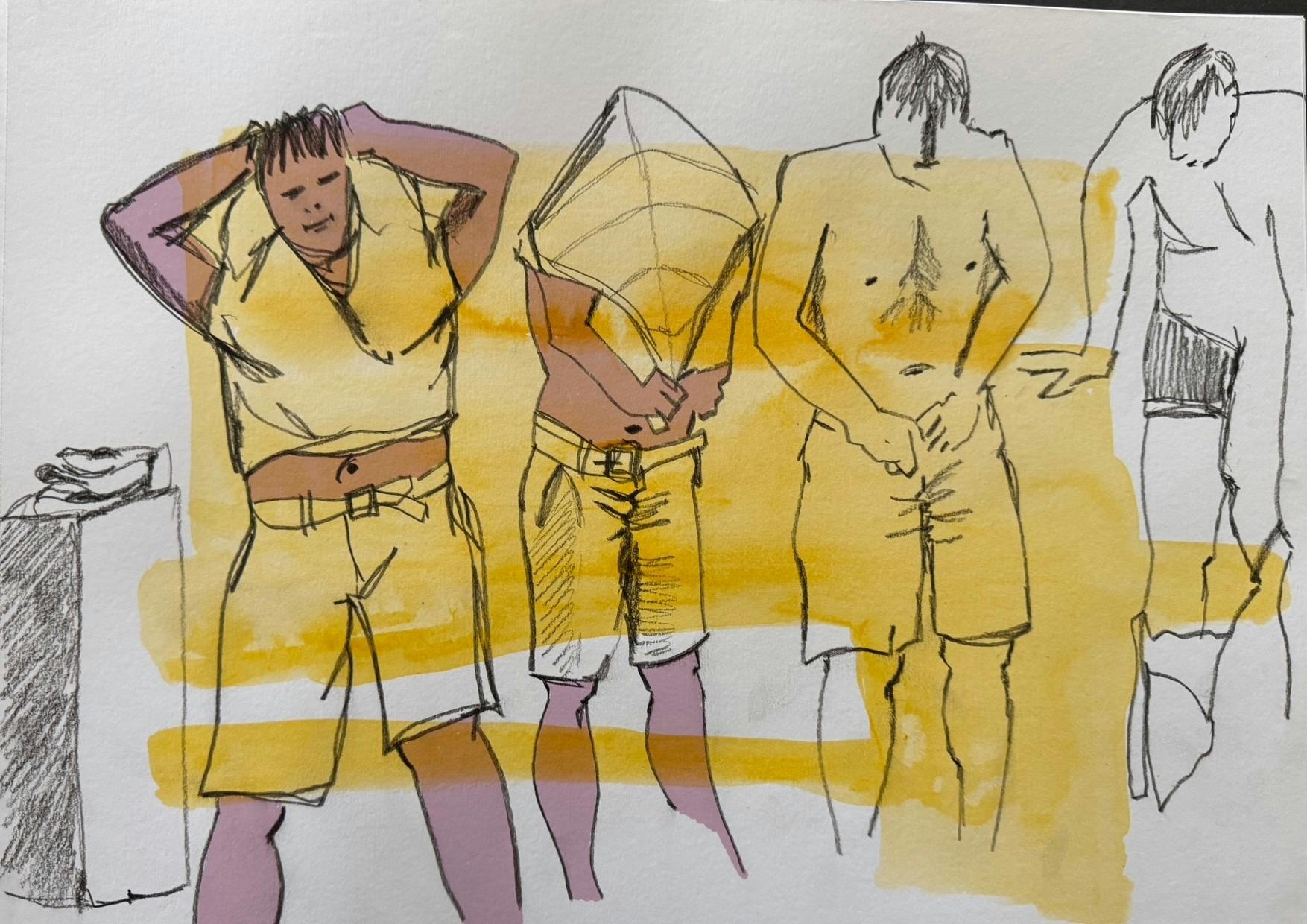 compilation sketch of man taking off shirt and shorts