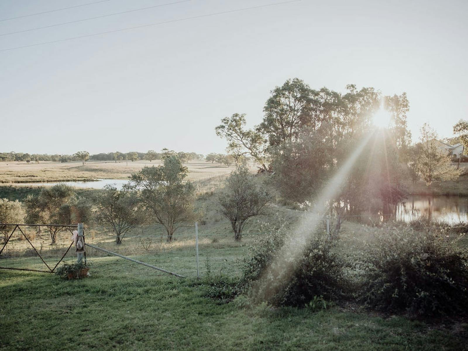 Sunset over farm paddocks and dams at Ravenswood near Rylstone.