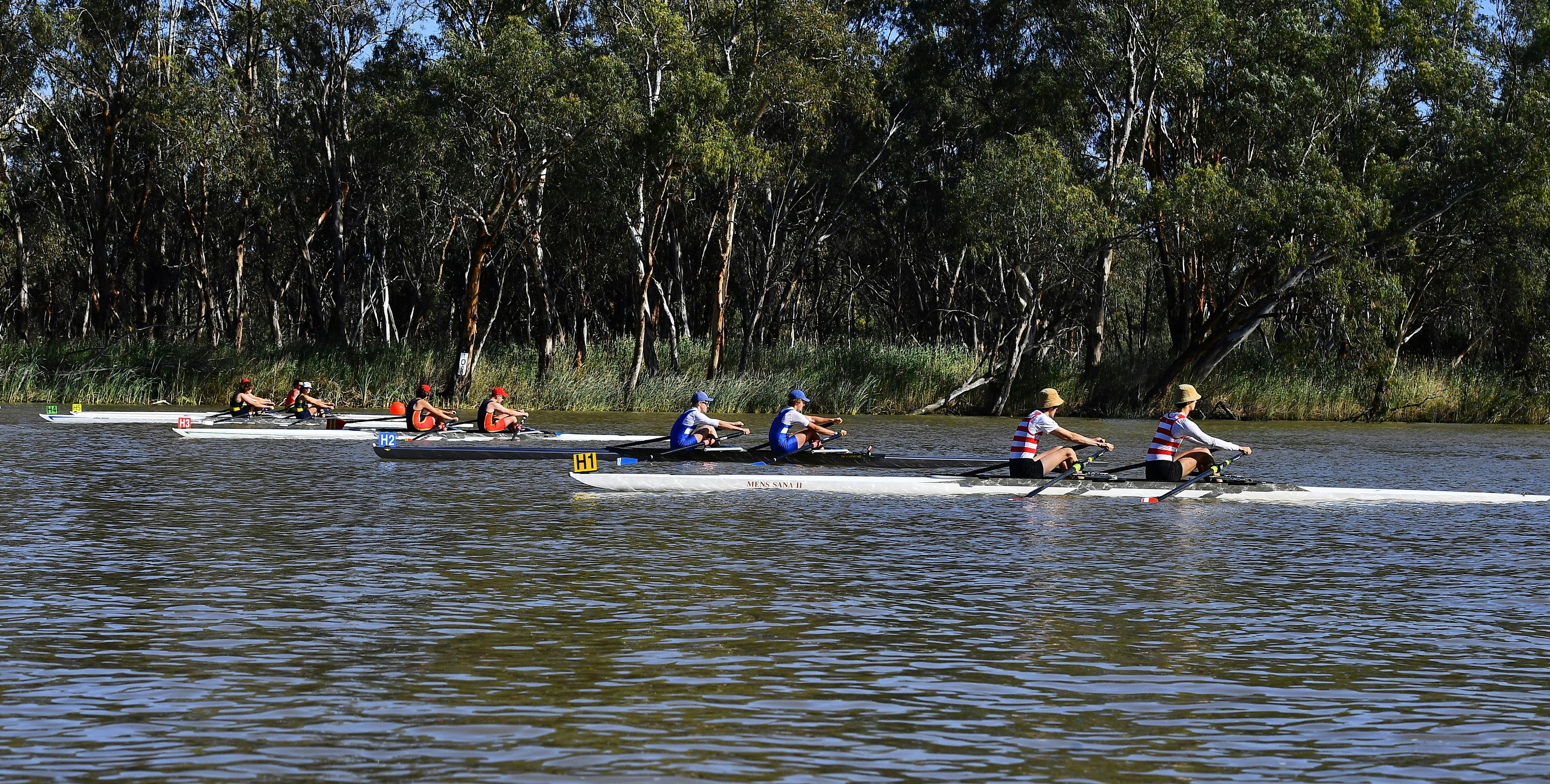 Double sculls on the start line at the Riverland Regatta