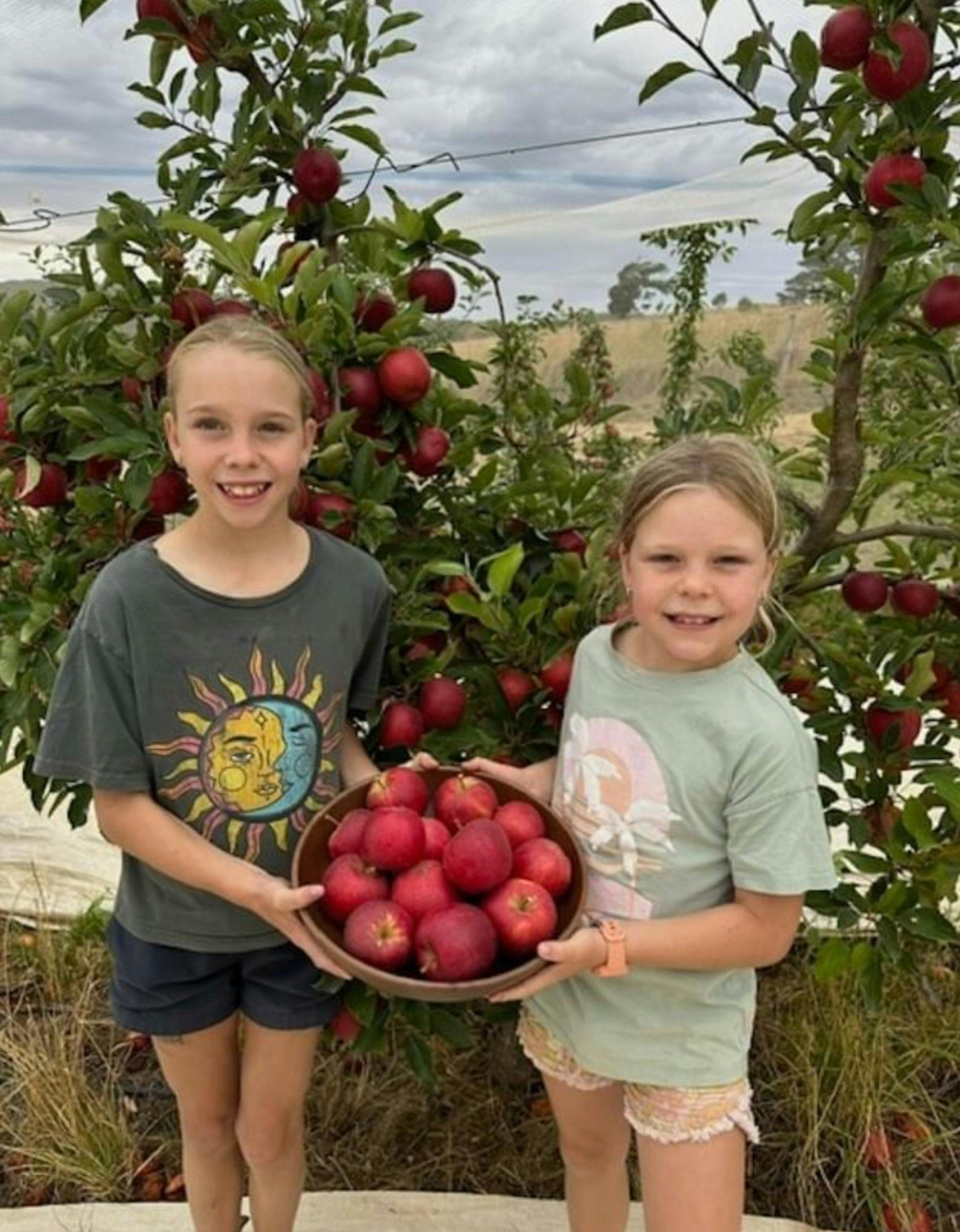 Two children holding a basket of lovely red apples