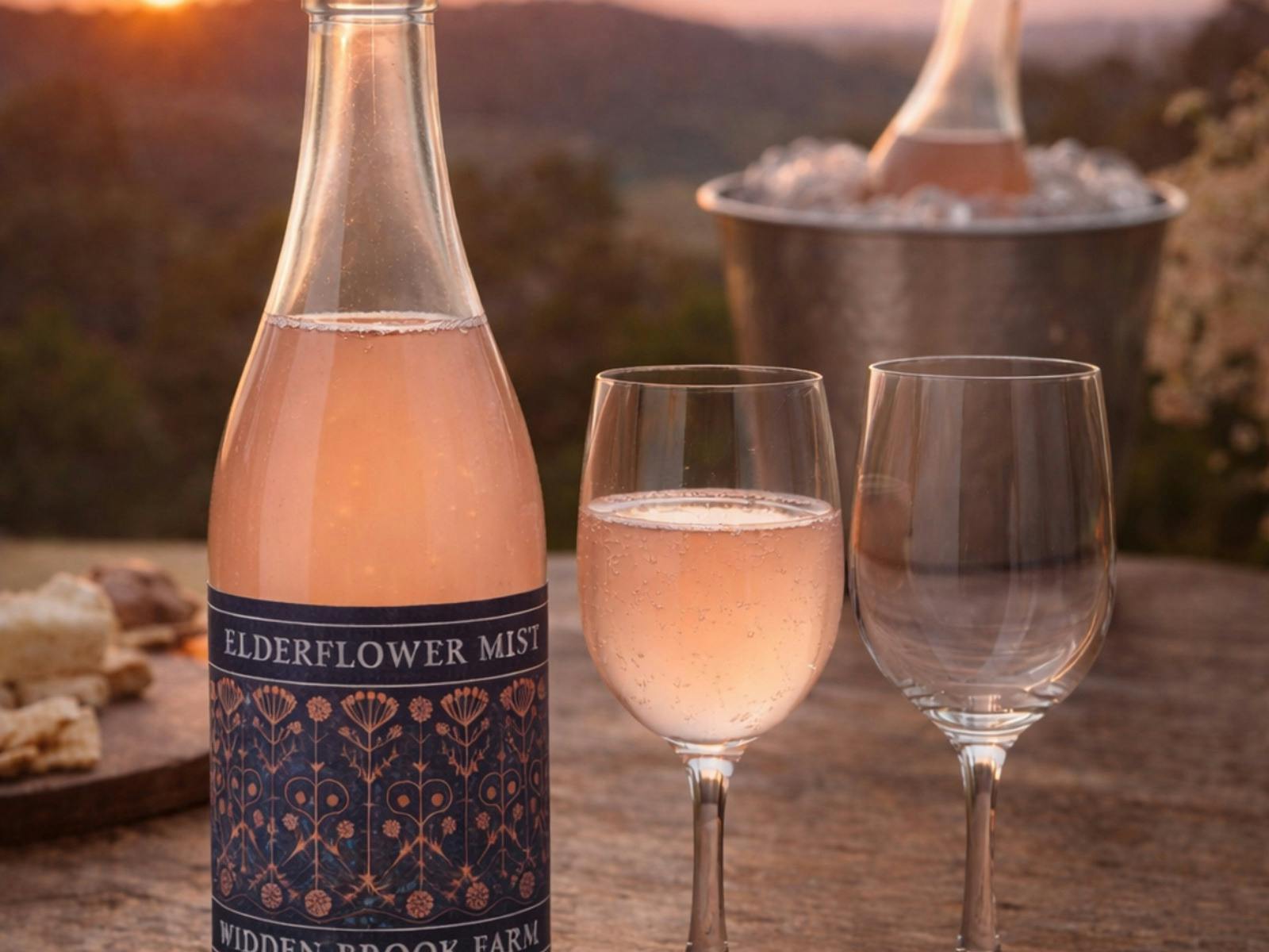 Bottle of Elderflower Mist Sparkling Crimson Delight on a wooden table at sunset
