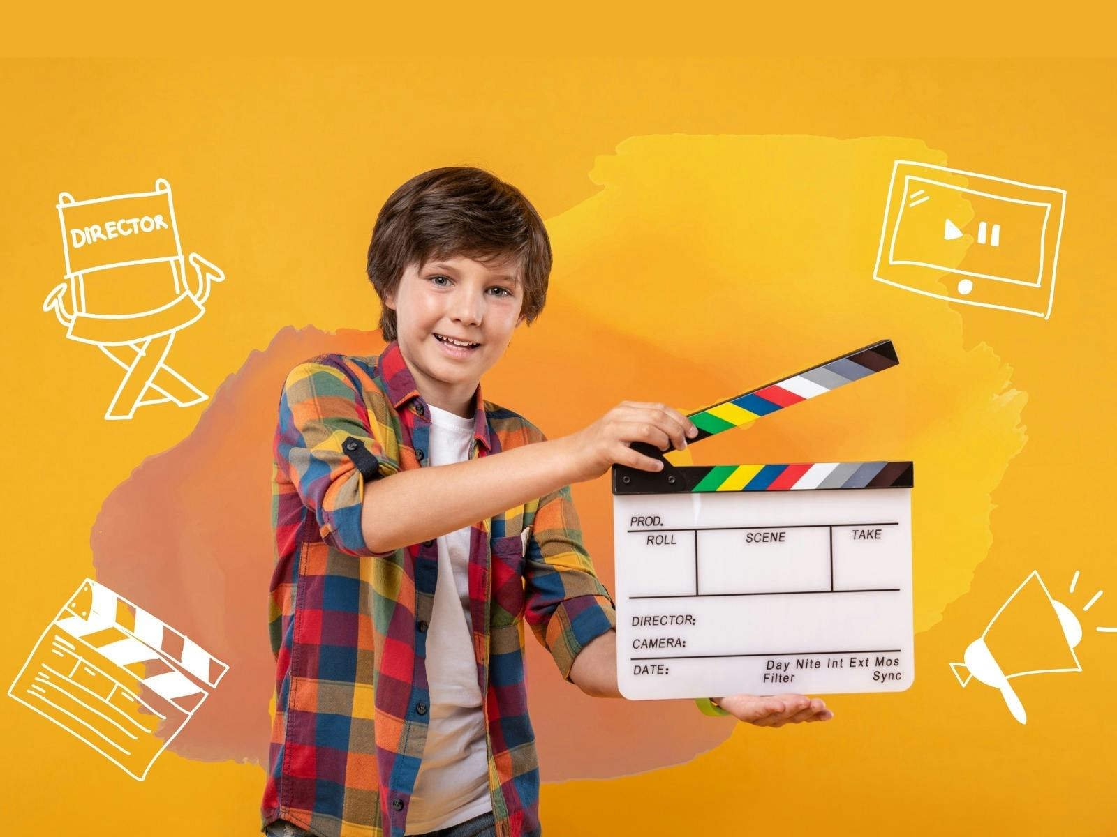 child holding a clapperboard on a yellow background