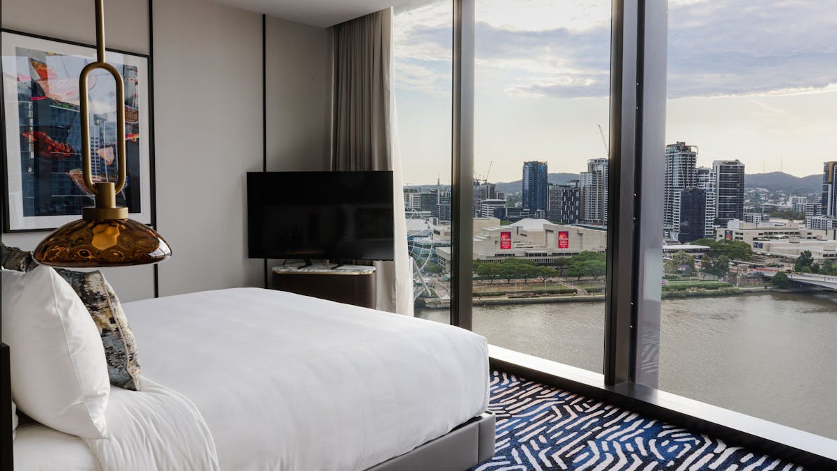 A hotel room overlooking the City