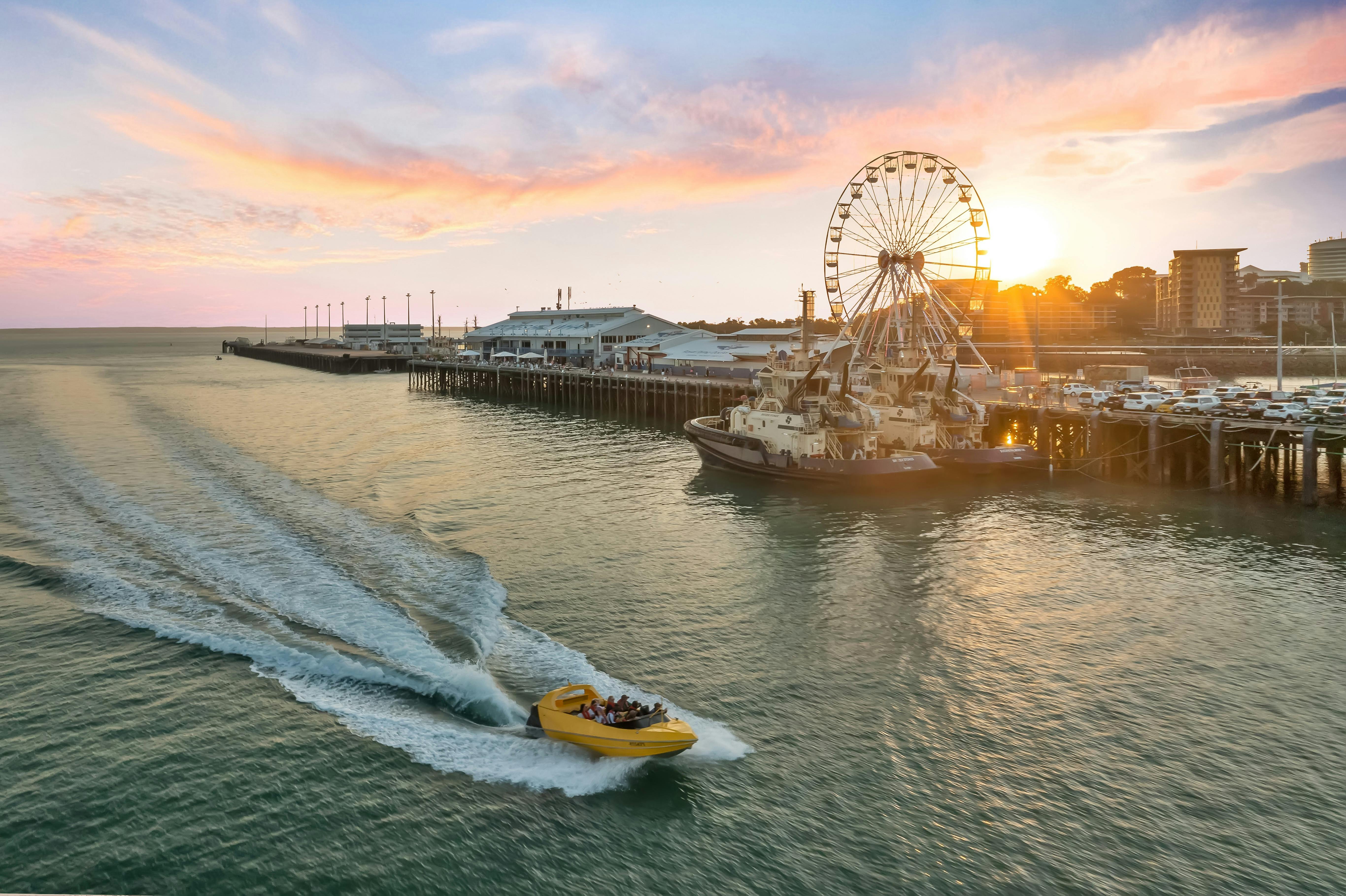Jet boat travelling past Stokes Hill Wharf
