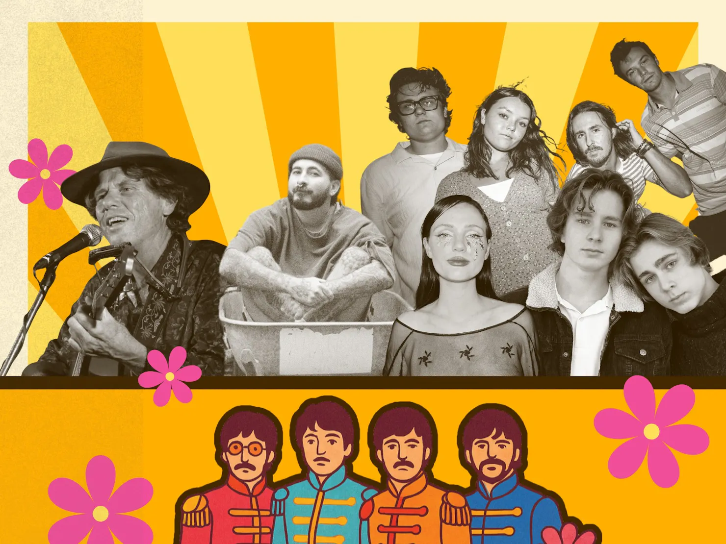 All band memebrs in black and white over a yellow background
