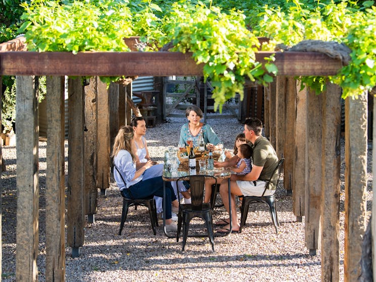 A picture of a group pf guests enjoying a meal under a large, vine covered pergola