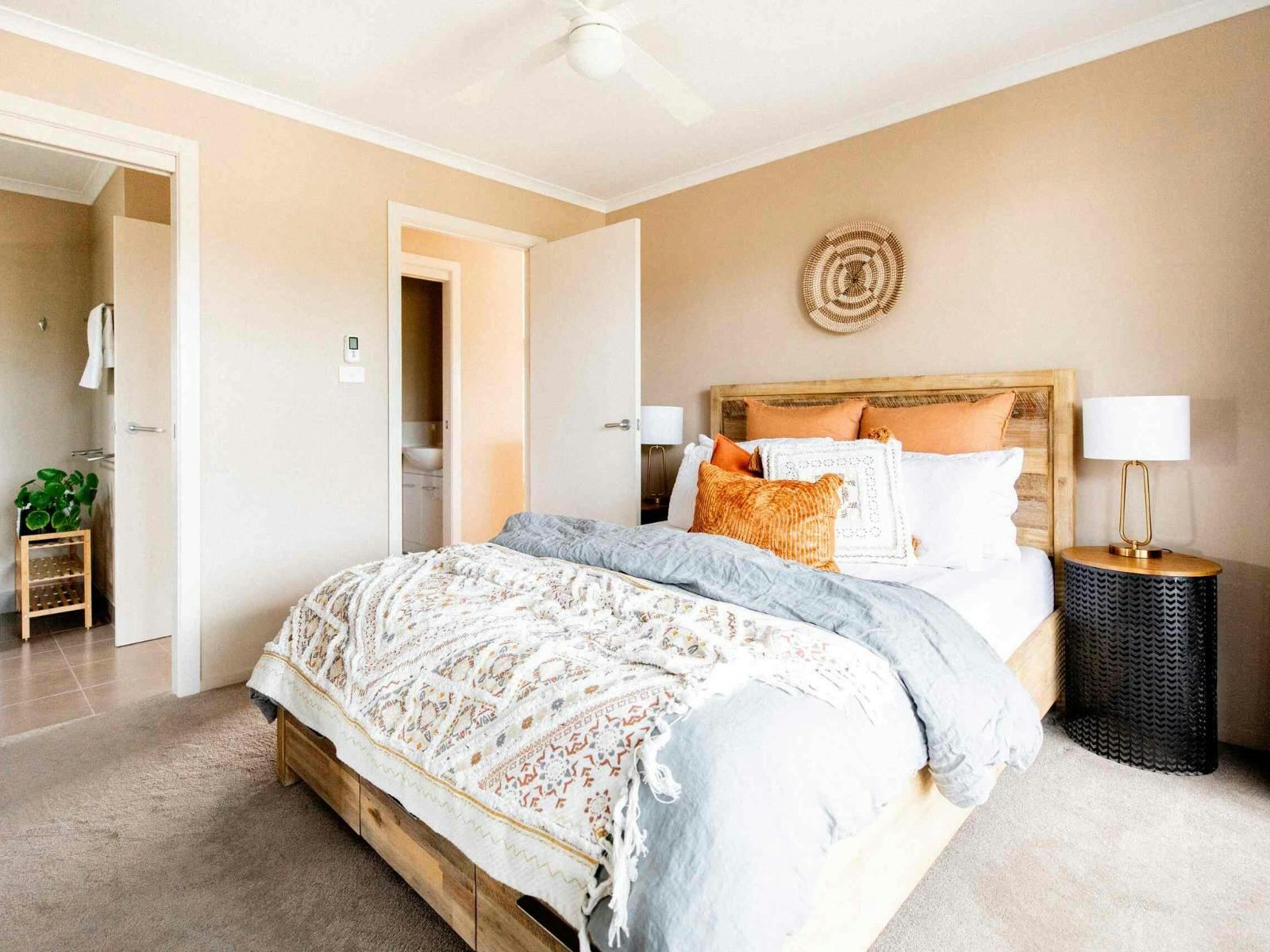 Styled bedroom at Binalong Bay Beach House in Binalong Bay, Tasmania.