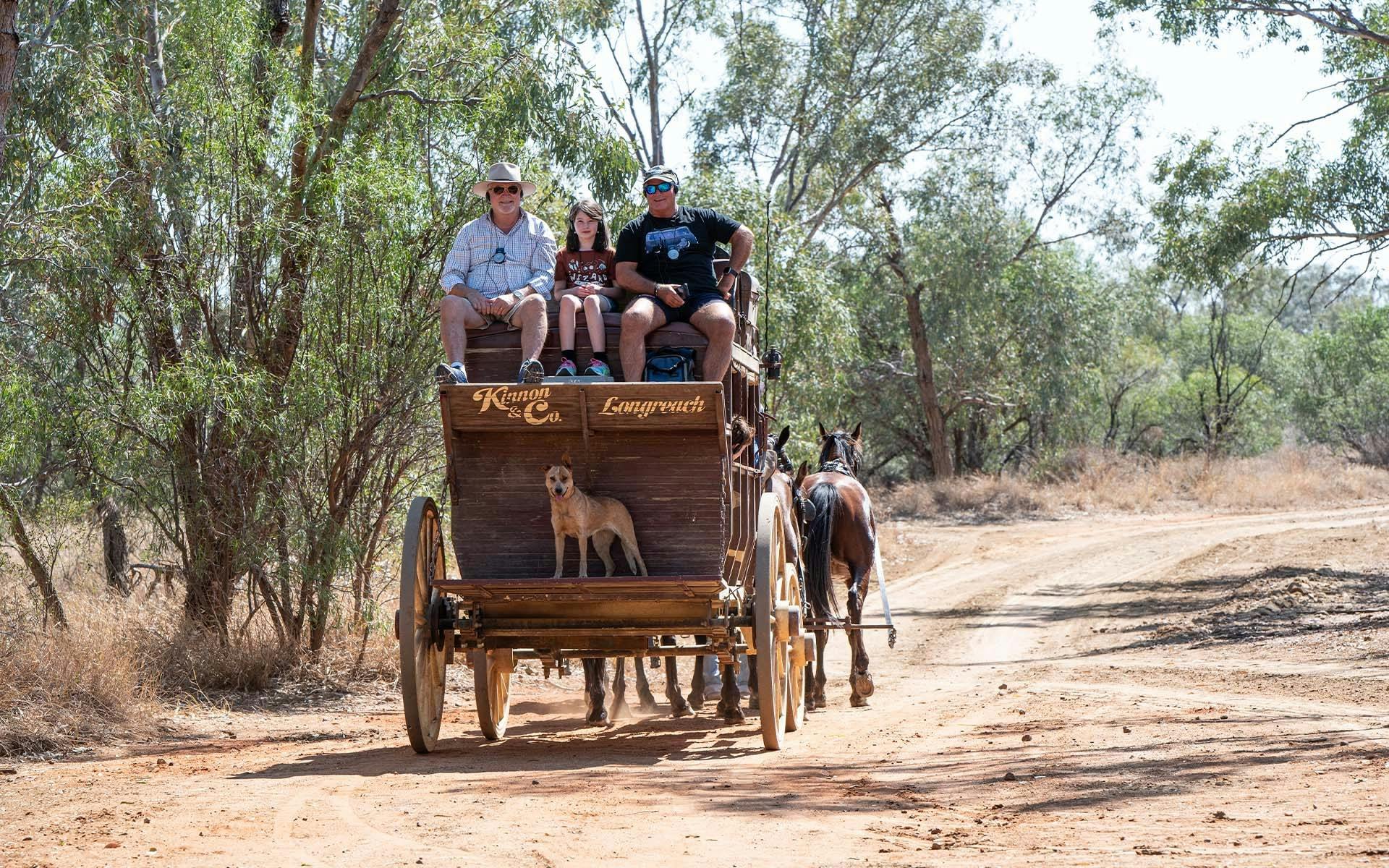 Two men and a young child sitting on the back of a Cobb and Co coach, with a dog standing below