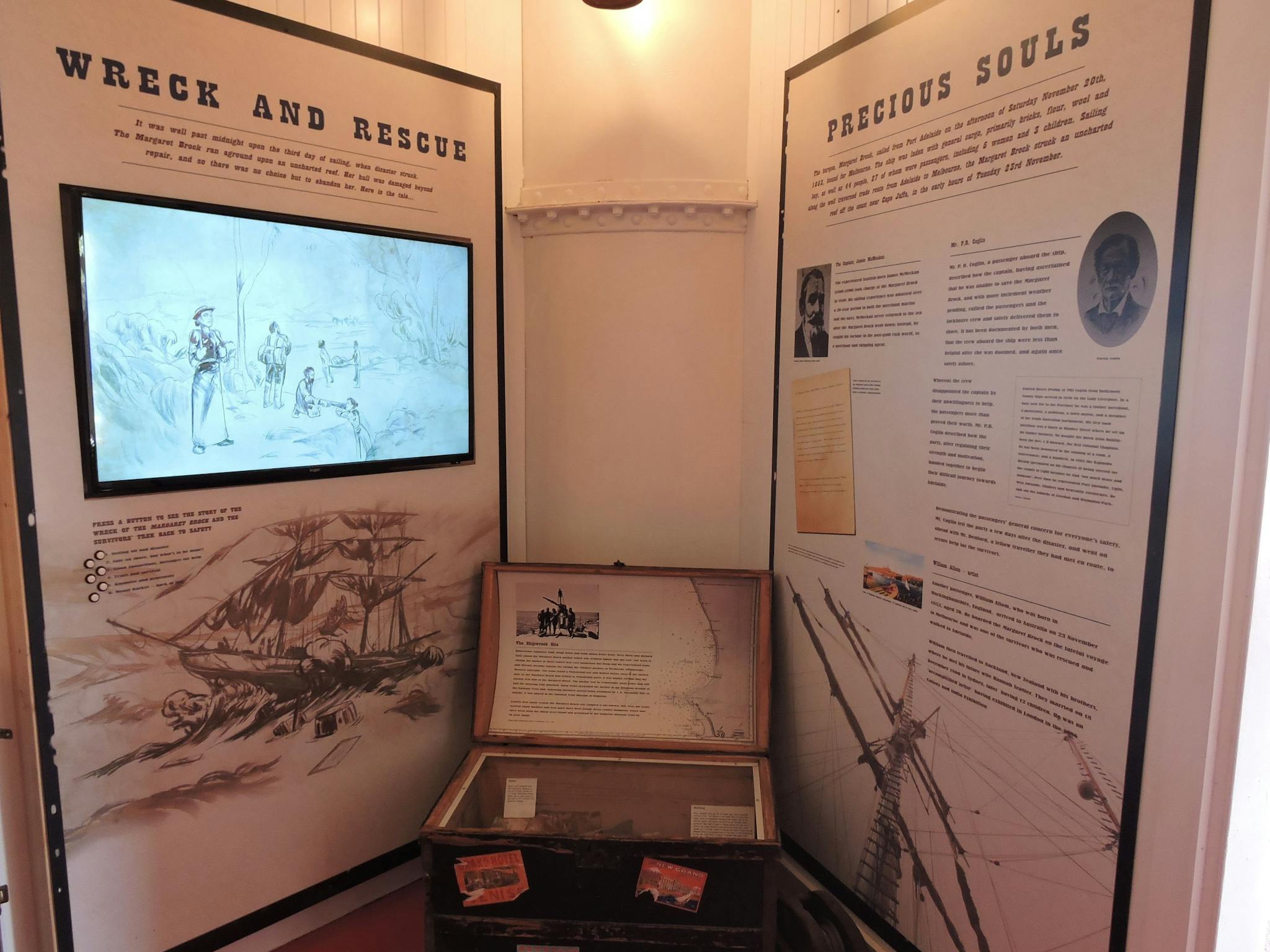 Hand-drawn illustrations on a monitor complement the narrated shipwreck story.  story