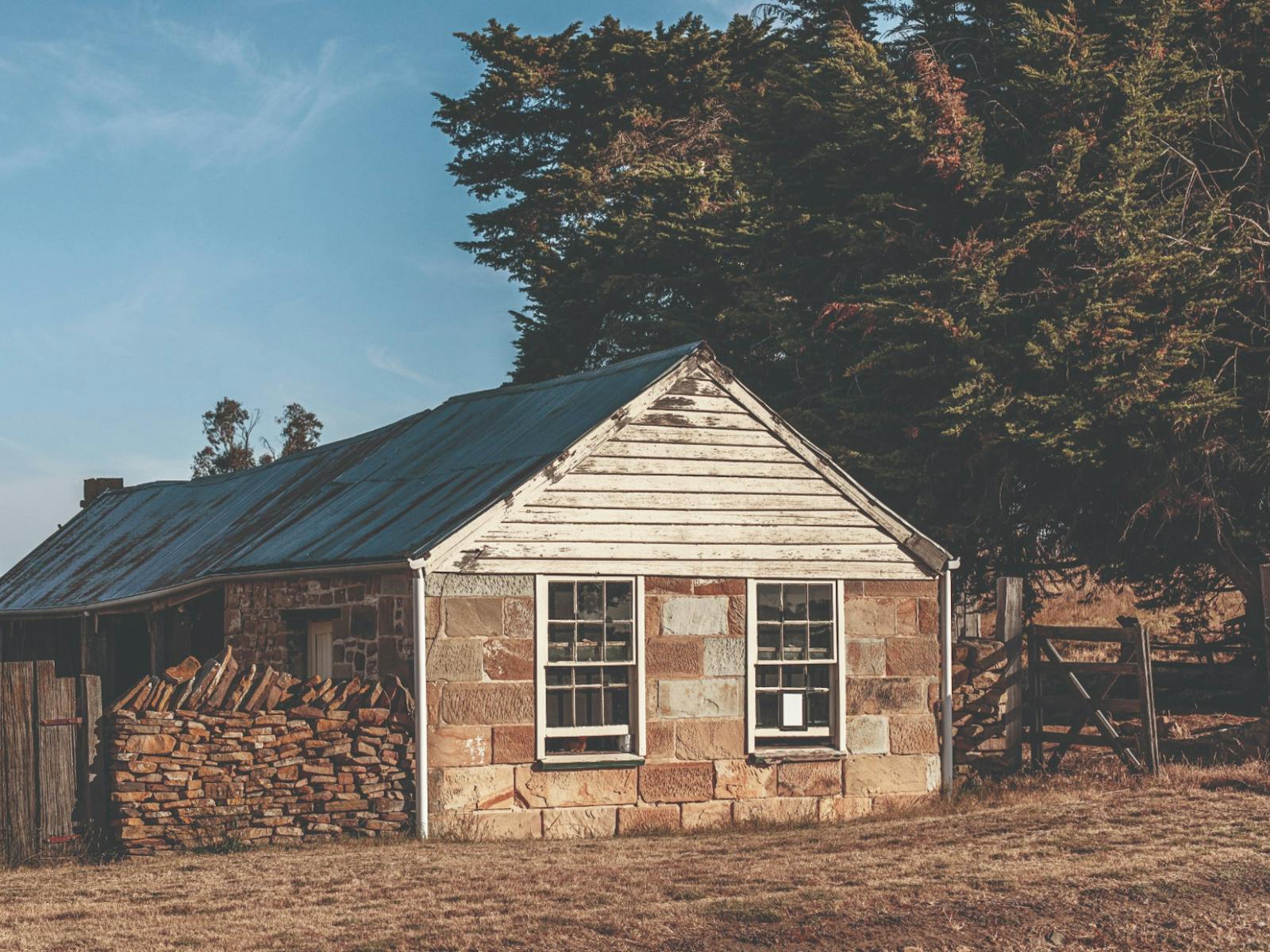 Historic sandstone cottage nestled beside tall pine trees in Oatlands.