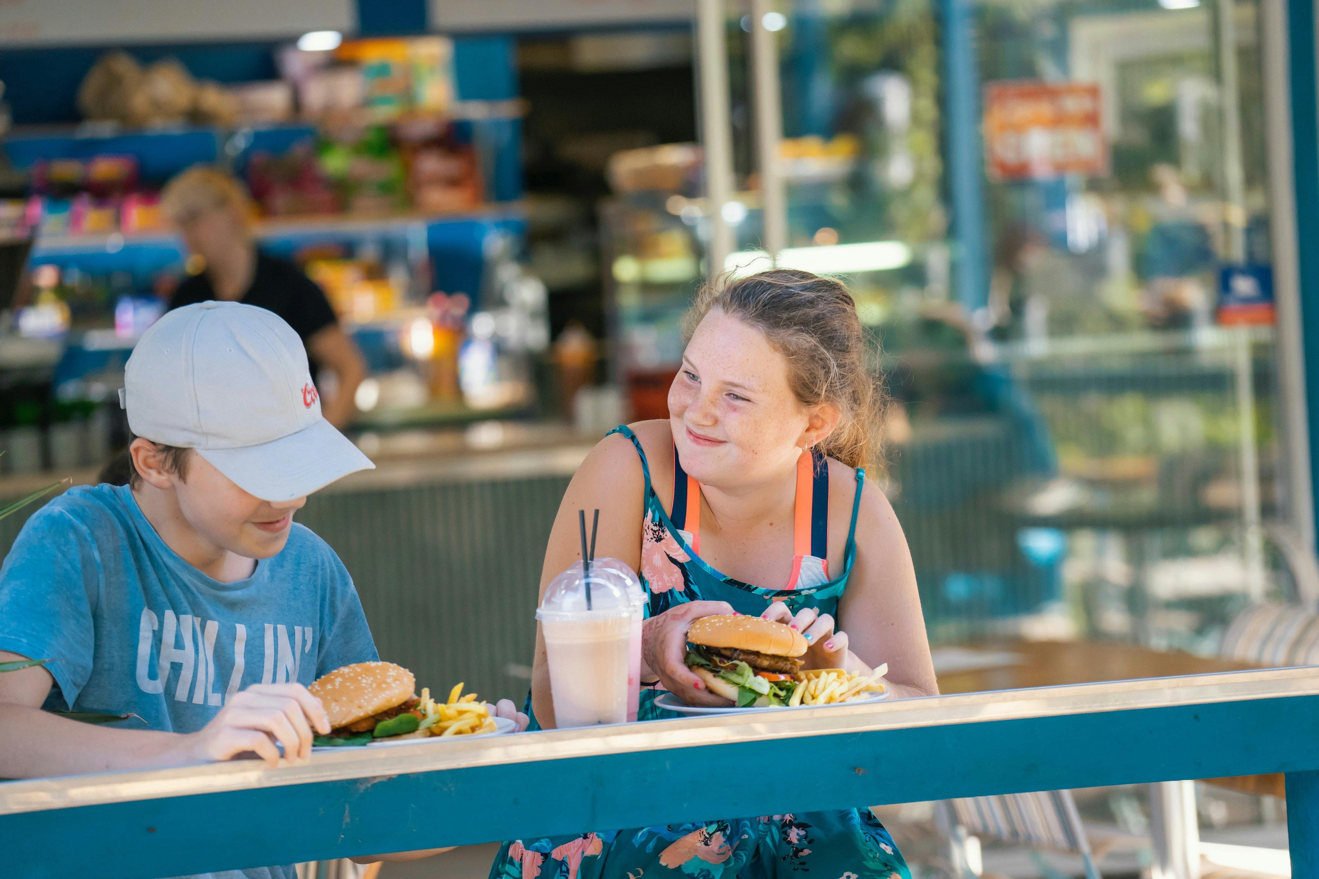 Start off the day with a coffee and a breakie wrap. Enjoy a delicious burger and chips for lunch.