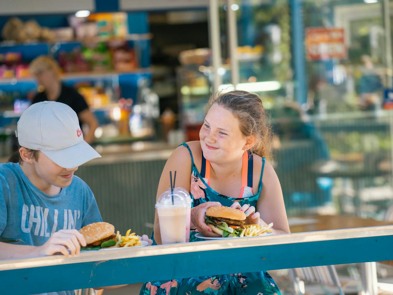 Start off the day with a coffee and a breakie wrap. Enjoy a delicious burger and chips for lunch.