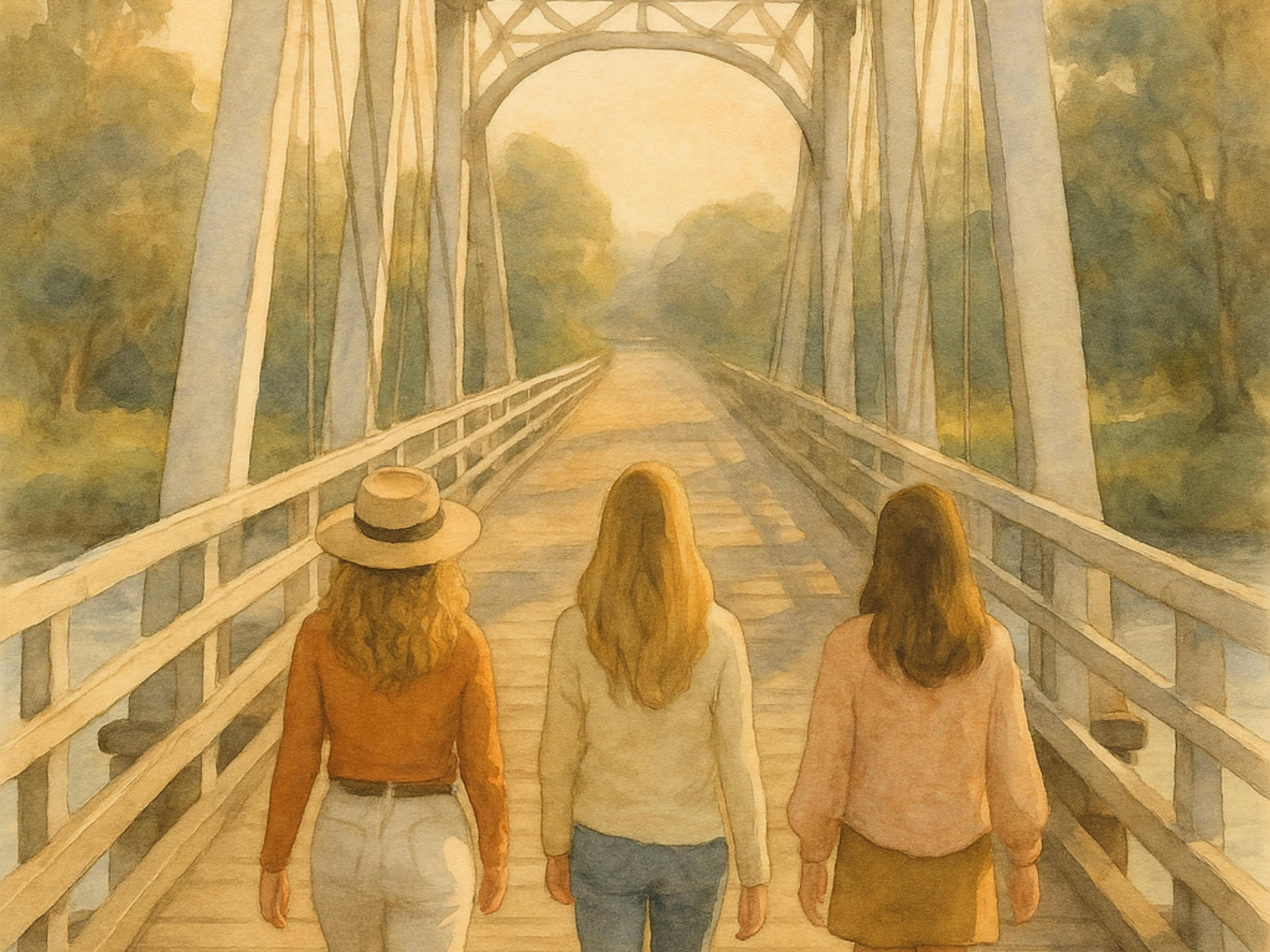 3 ladies walk across a bridge in soft light