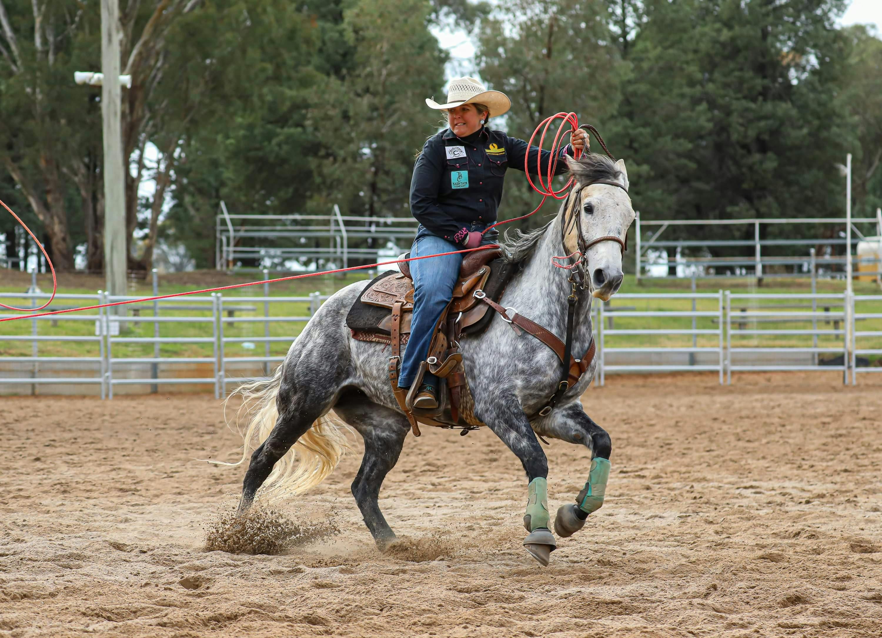 Man riding a white horse showing his horsemanship
