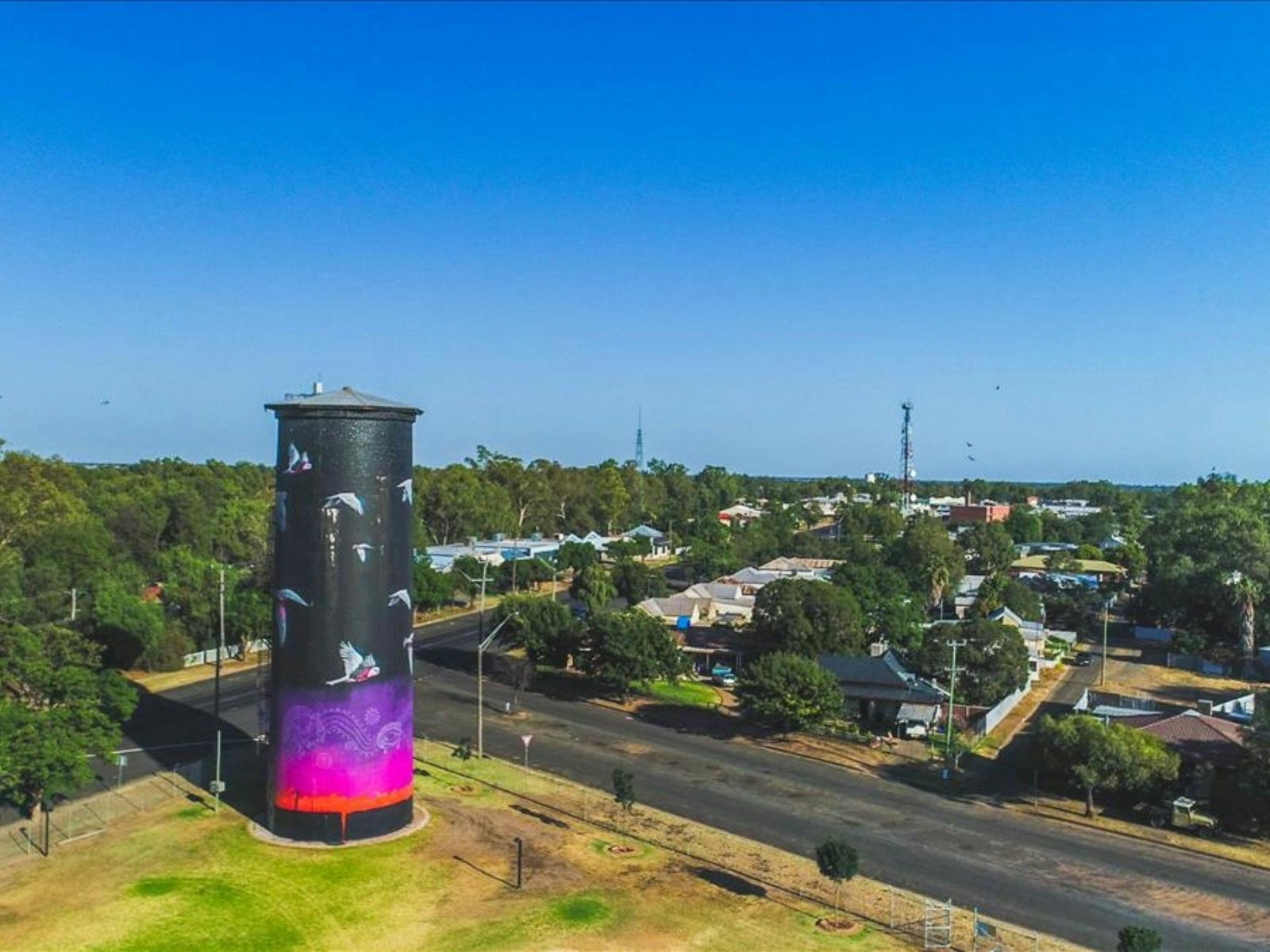 Painted silo artwork overlooking Coonamble town, with trees, homes and wide blue sky.