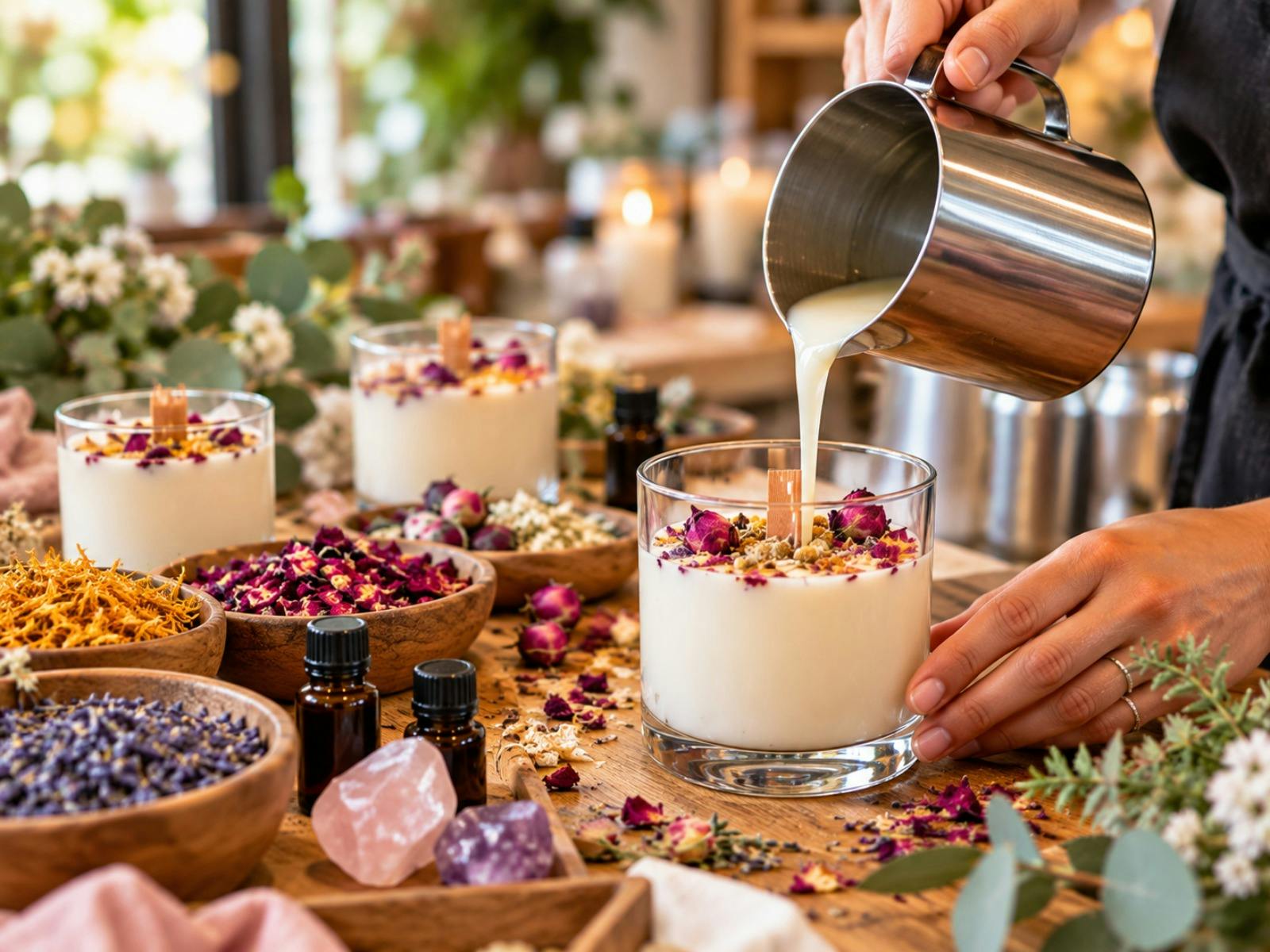 Pouring soy wax into a crystal and botanical candle during a candle making class on Tamborine Mounta