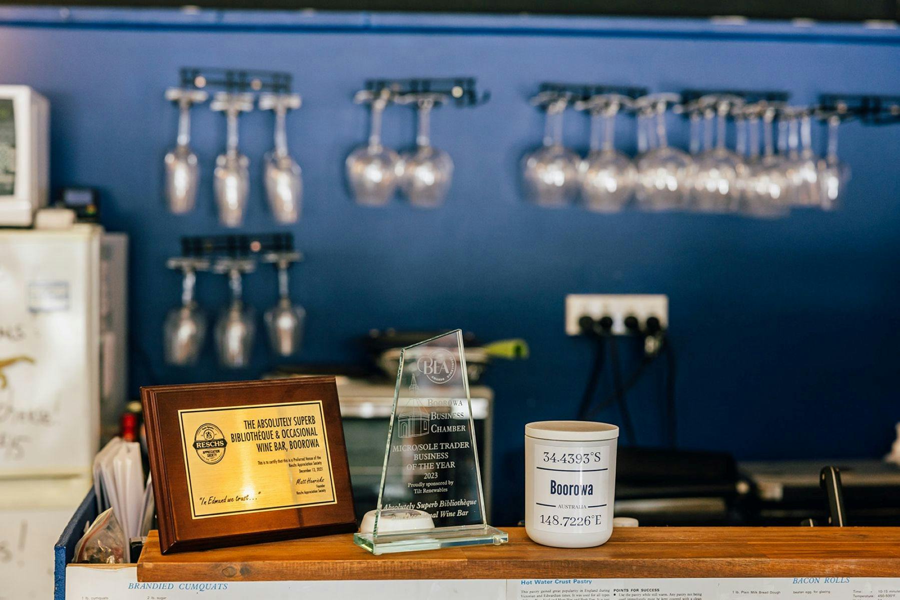 Two awards for Wine Bar: one from Resches Appreciation Society & one from Boorowa Business Chamber.