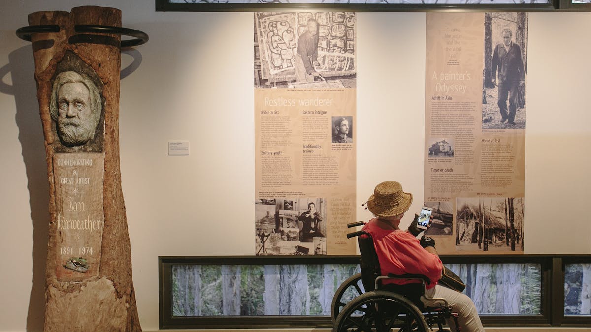 Woman in wheelchair viewing Fairweather exhibition