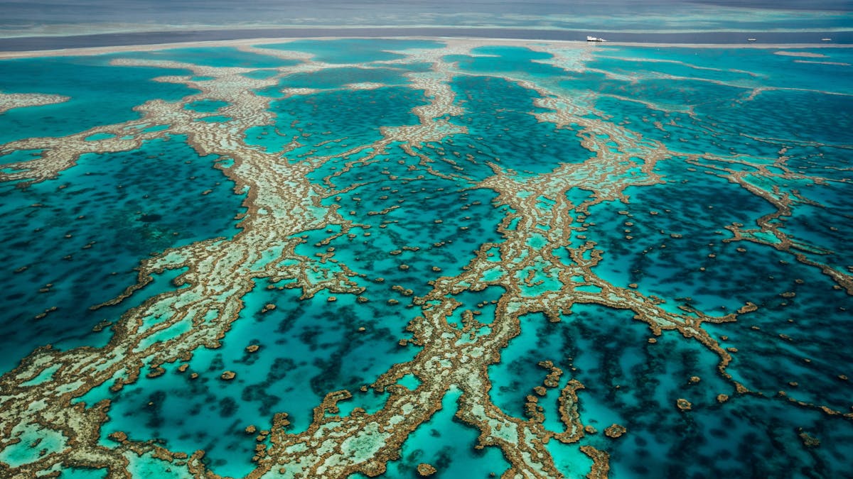 Aerial view of the calm turquoise water surrounded by coral reefs