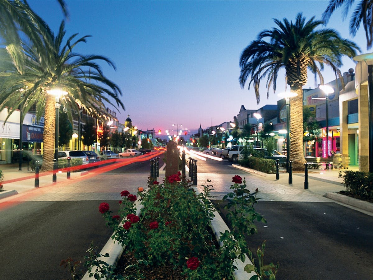 Photo shows part of Warwick's main street at dusk, with rose beds in centre, palm trees at sides