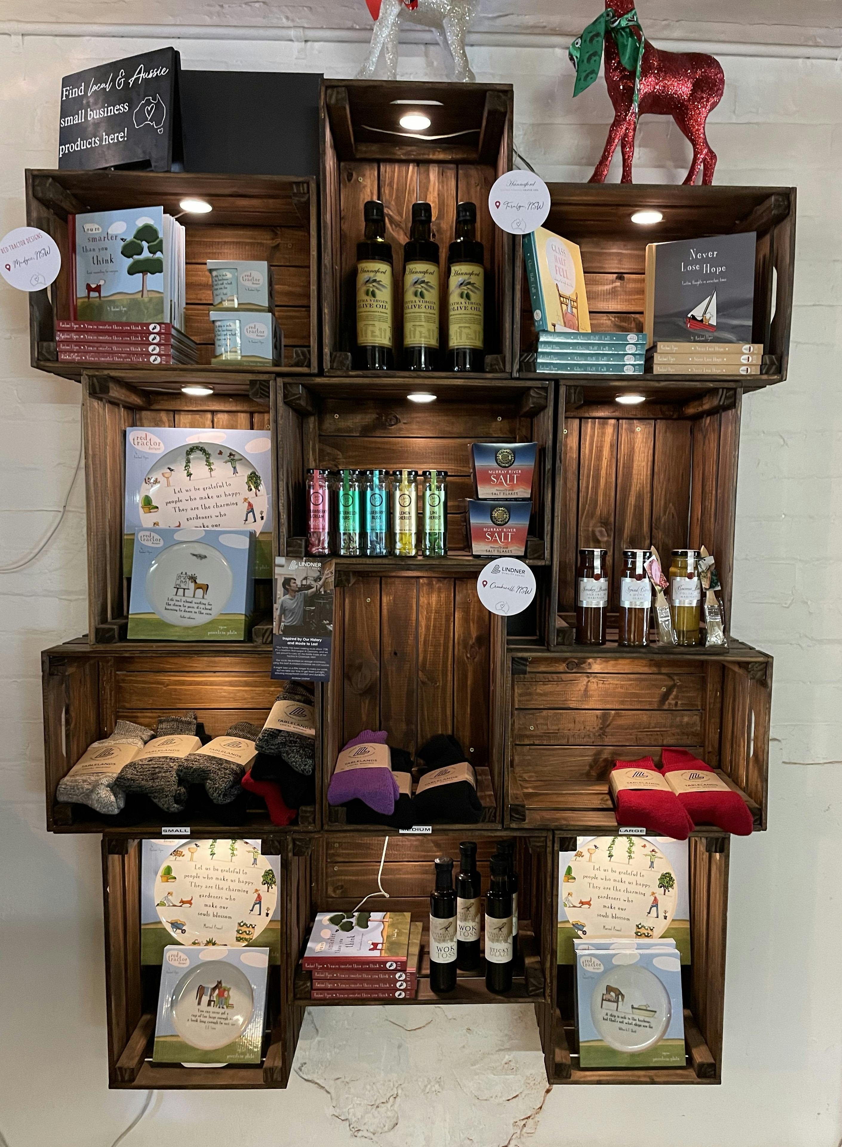 Goods on shelves for sale at Merino Cafe in Gunning