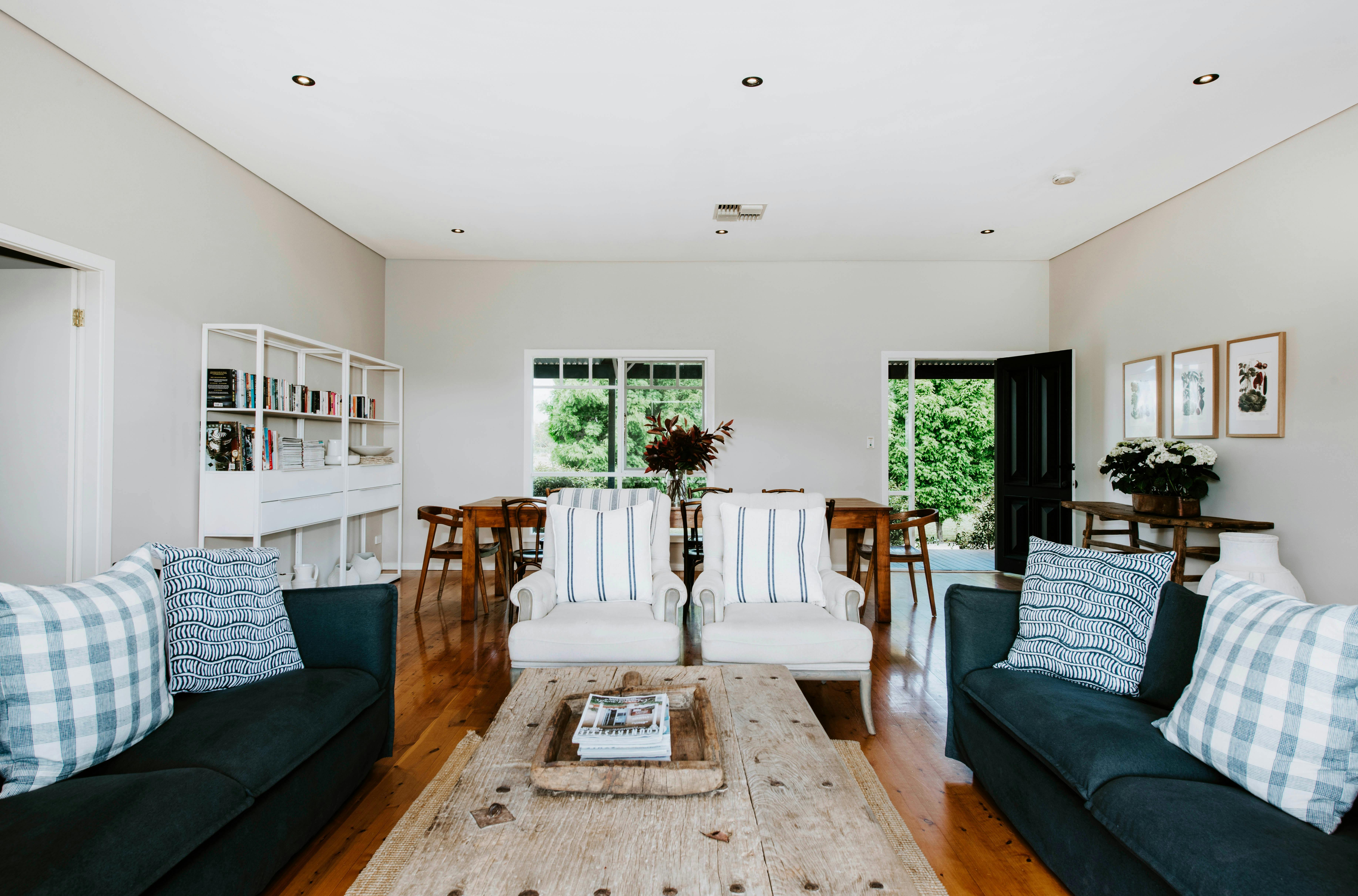 Main living room at The Farmhouse, Blue Wren Farm's premium wedding venue with onsite accommodation