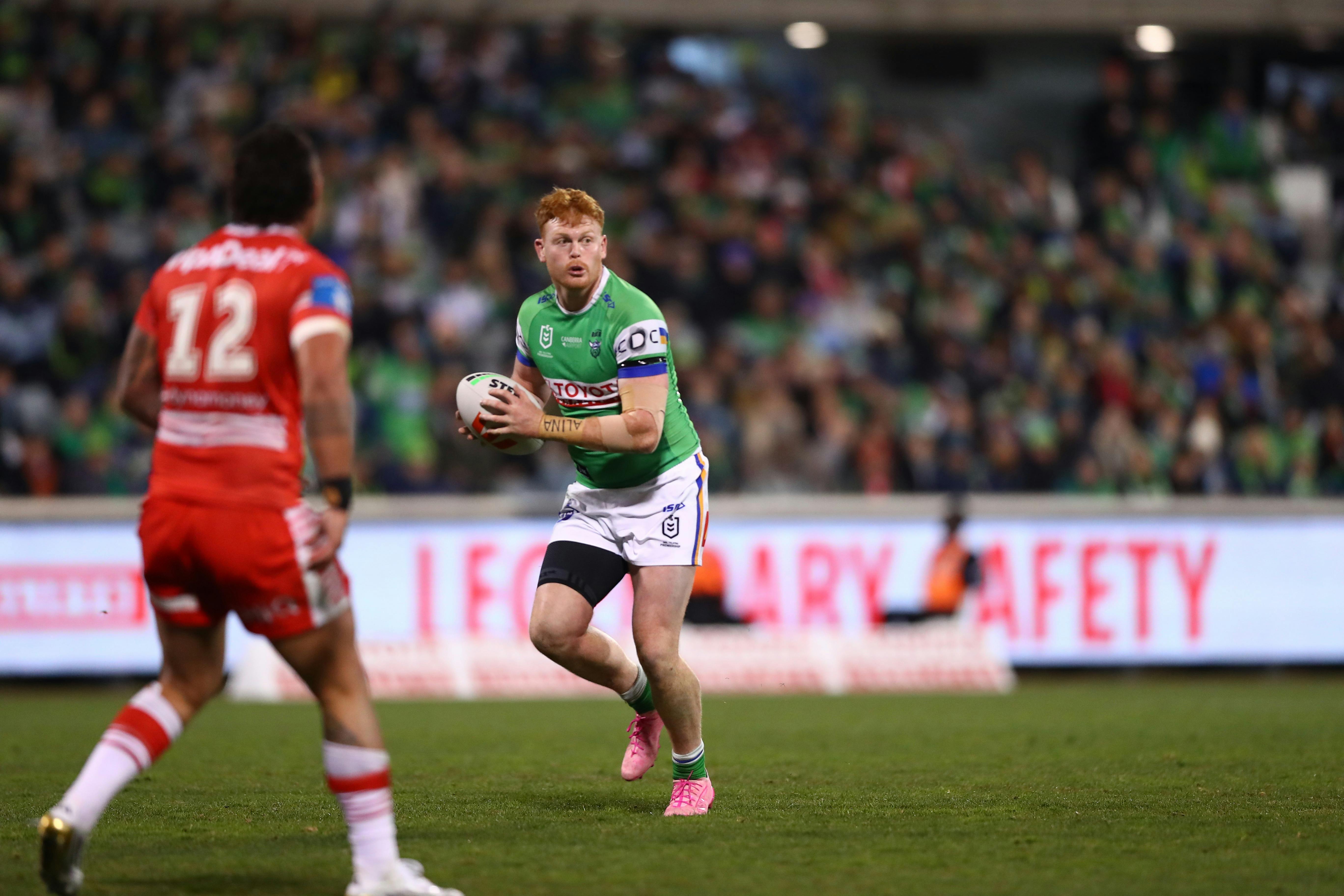 Canberra Raiders player Corey Horsburgh running the ball.