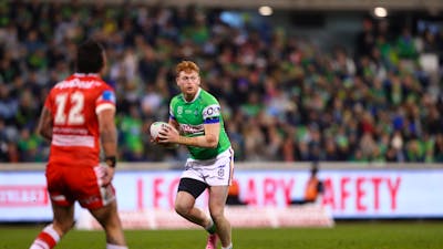 Canberra Raiders player Corey Horsburgh running the ball.