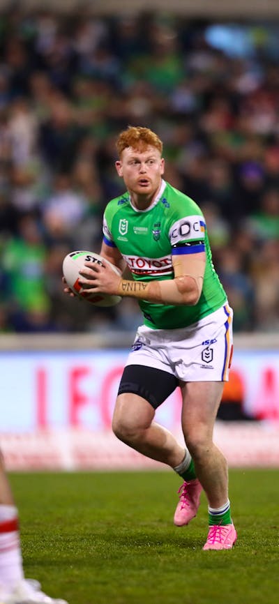 Canberra Raiders player Corey Horsburgh running the ball.