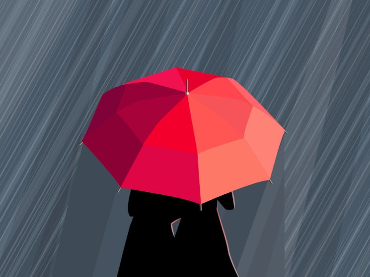 carton image of red umbrella in rain held by two people