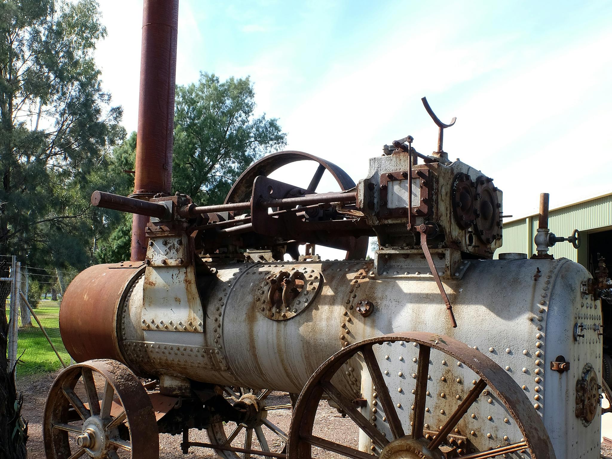 A steam engine from the side with blue sky  and gum trees