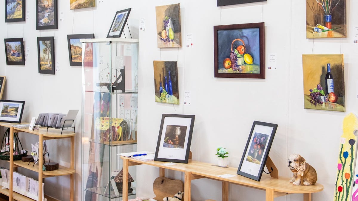 A range of artwork displayed inside the Open Door Gallery in Lowood