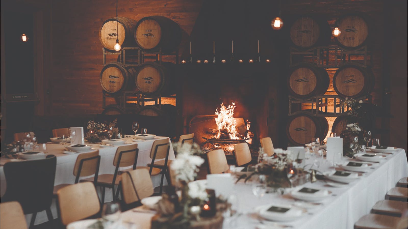 Winter wedding in the Barrel Room in front of the open fire.