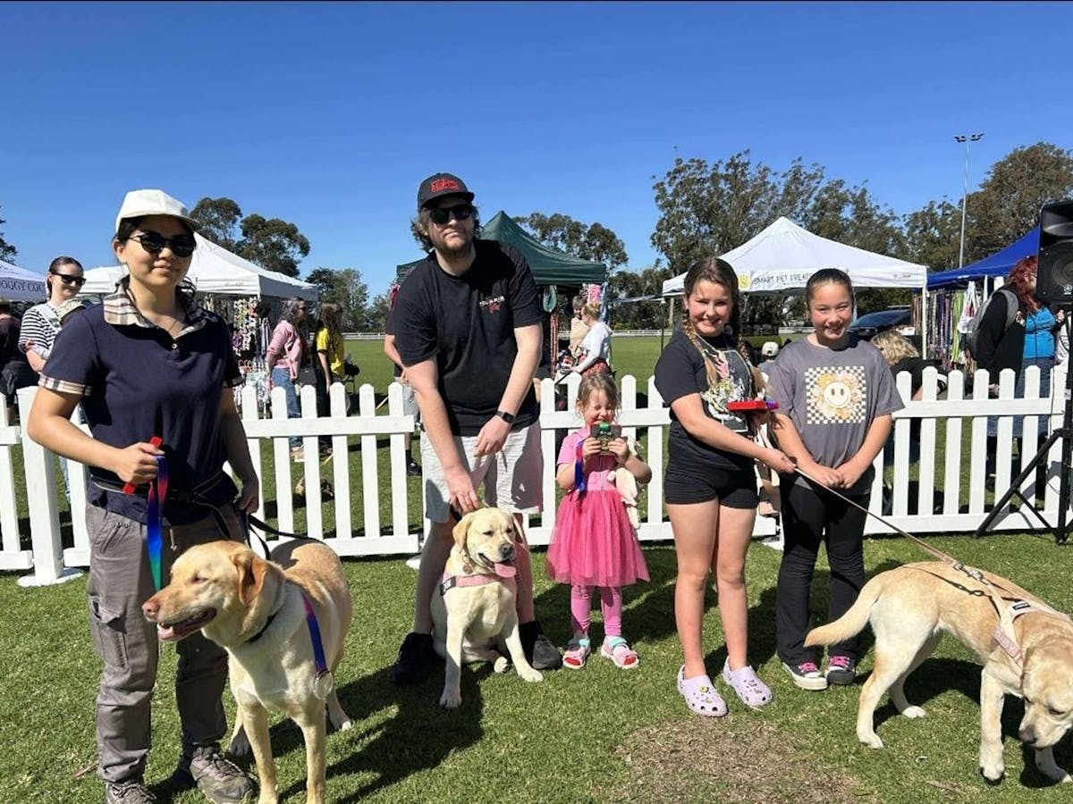 people with dogs on leashes in an enclosed area/