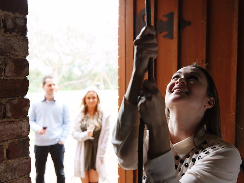 A guest rings our iconic ¾ tonne Angelus Bell