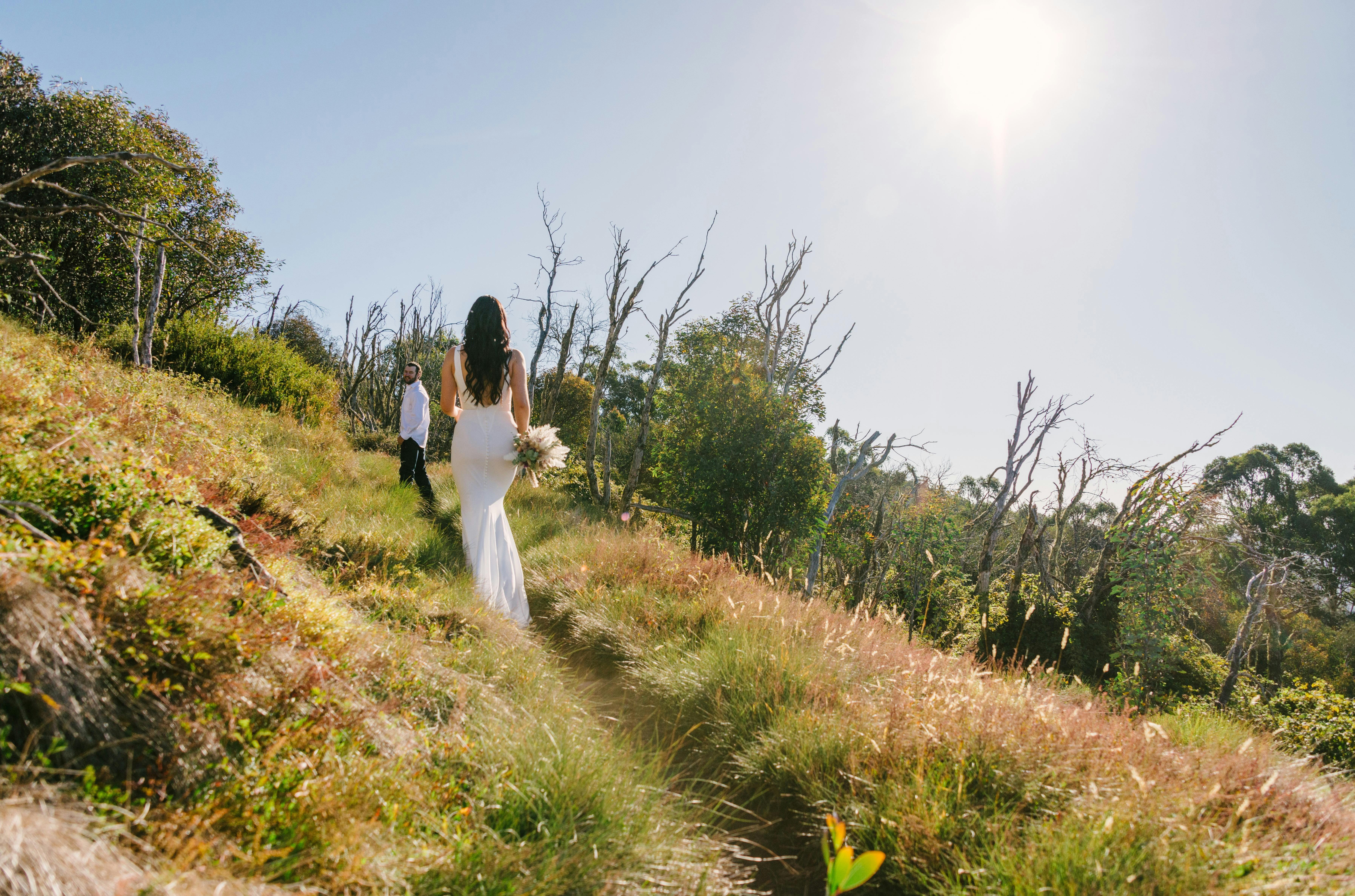 Bride and groom on the trail, heading up to Craig's Hut.