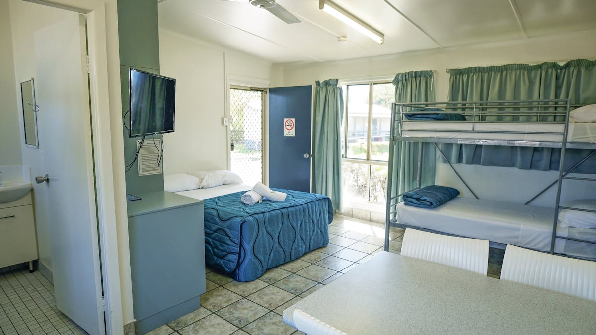 Cabins include a double bed, a bunk bed, ensuite, kitchenette, fan, air conditioning and a TV Cabins include a double bed, a bunk bed, ensuite, kitchenette, fan, air conditioning and a TV