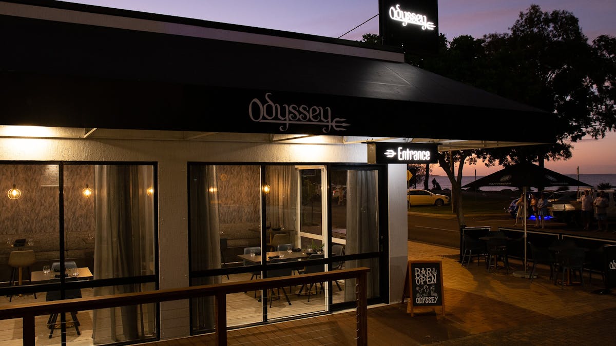Outside view of bistro at night