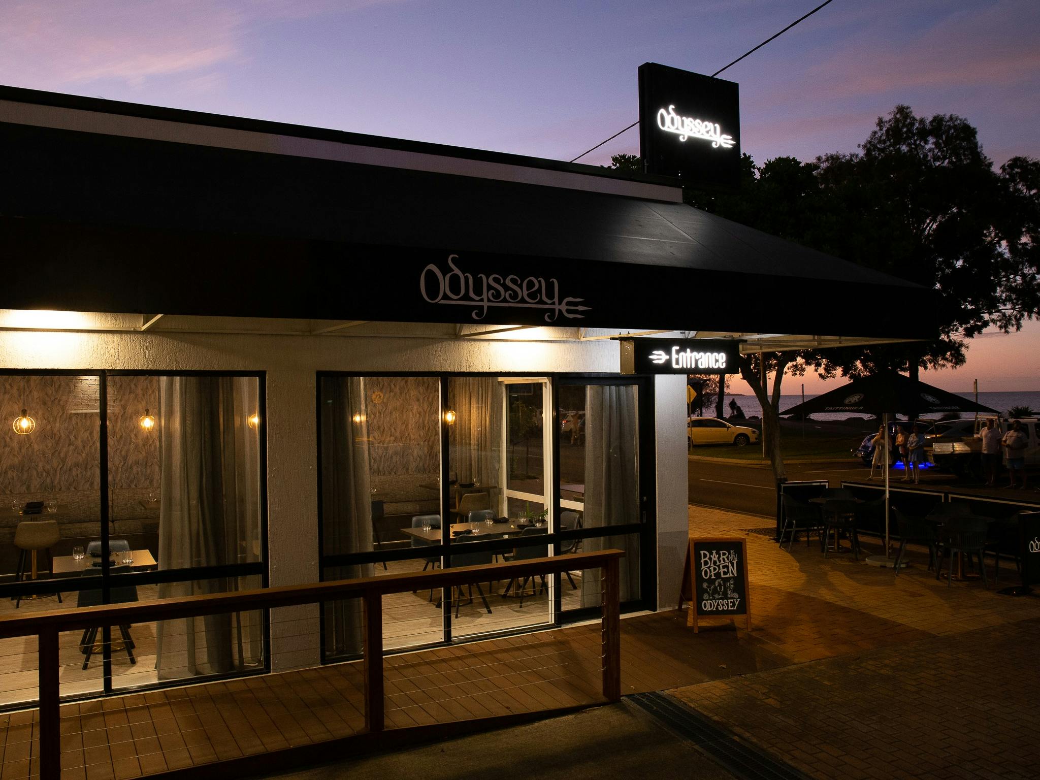 Outside view of bistro at night Outside view of bistro at night