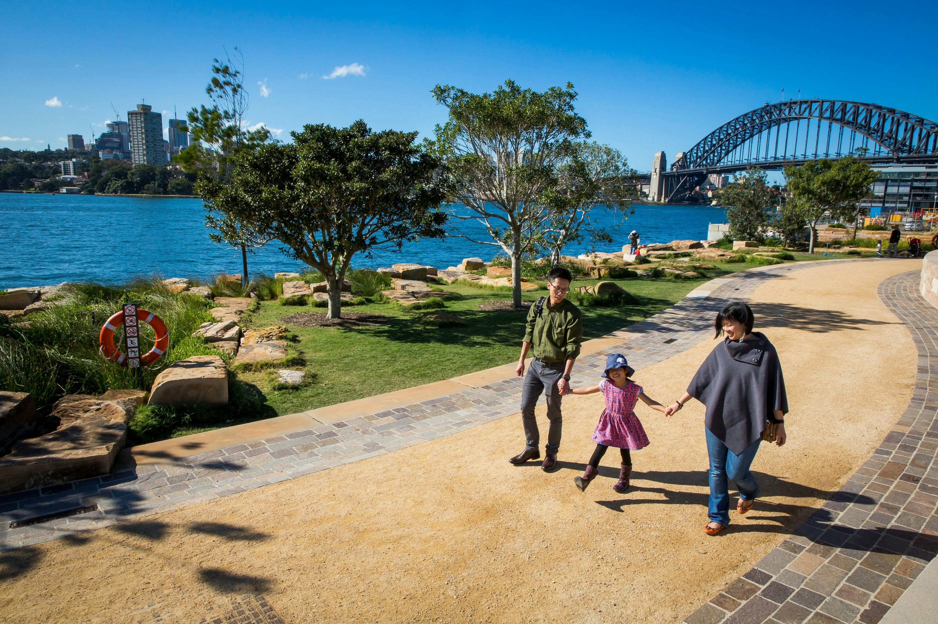 Family enjoying a walk through Barangaroo Reserve, Barangaroo