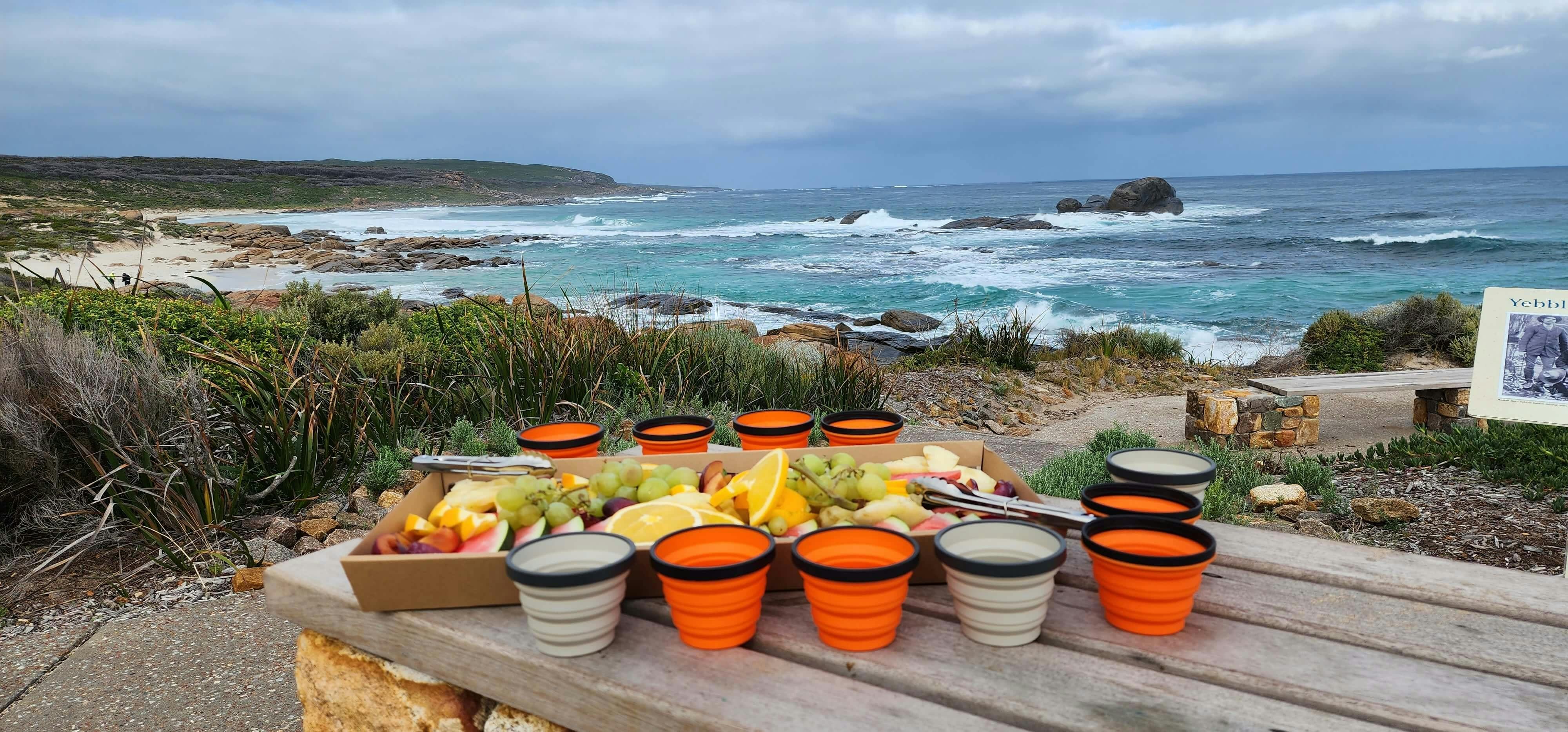 Fresh fruit platter on picnic table with ocean panorama in the background