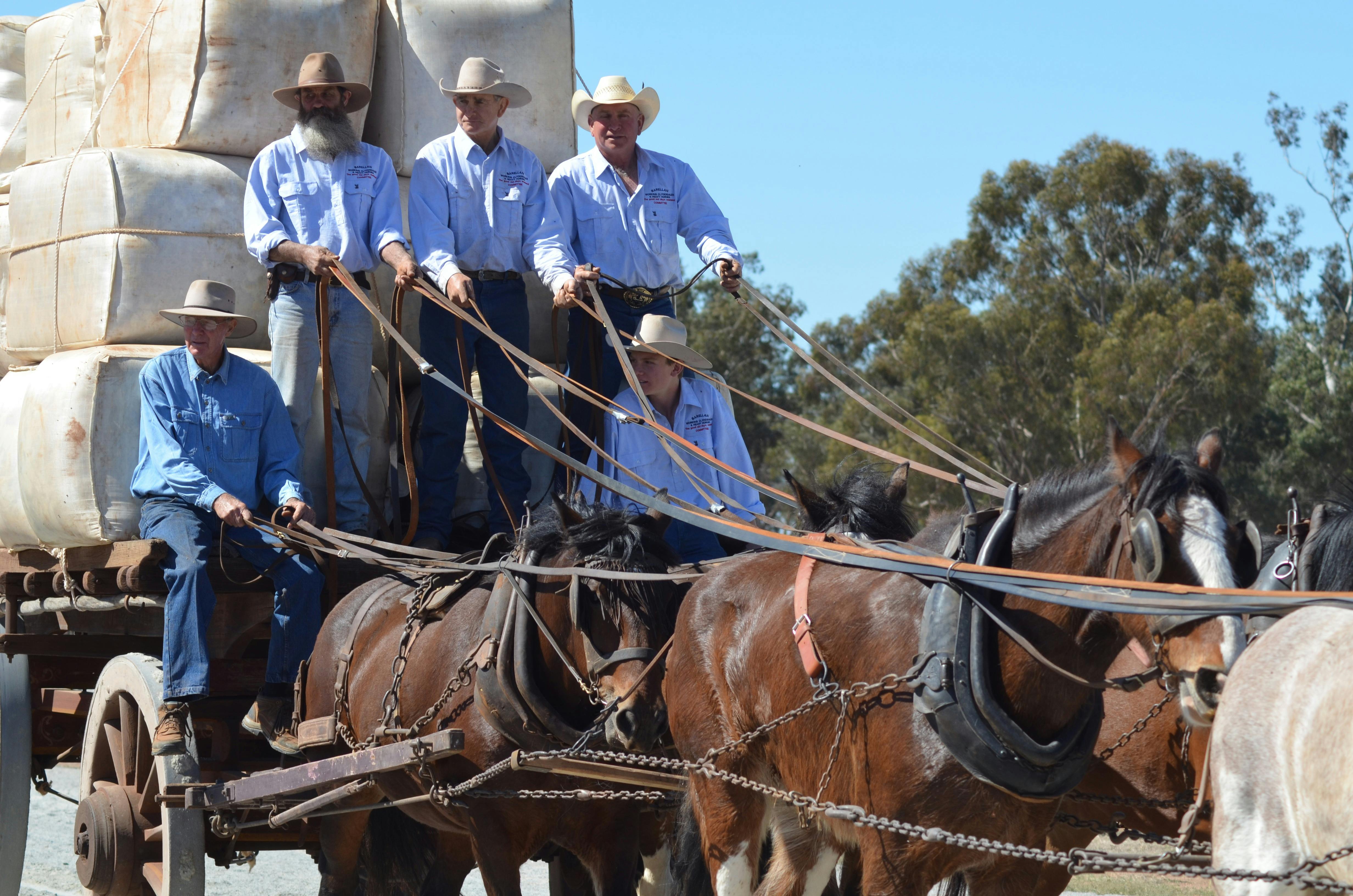 Three drivers and 2 brakemen are required to drive the mighty Bennett Wool Wagon