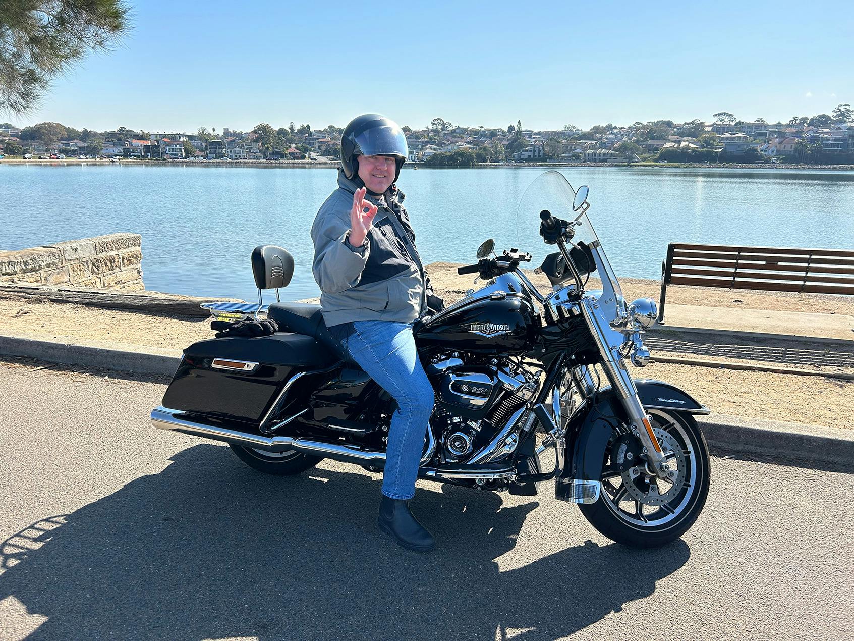 A happy passenger on our Harley. He did the 3 Bridges ride, our second most popular tour.