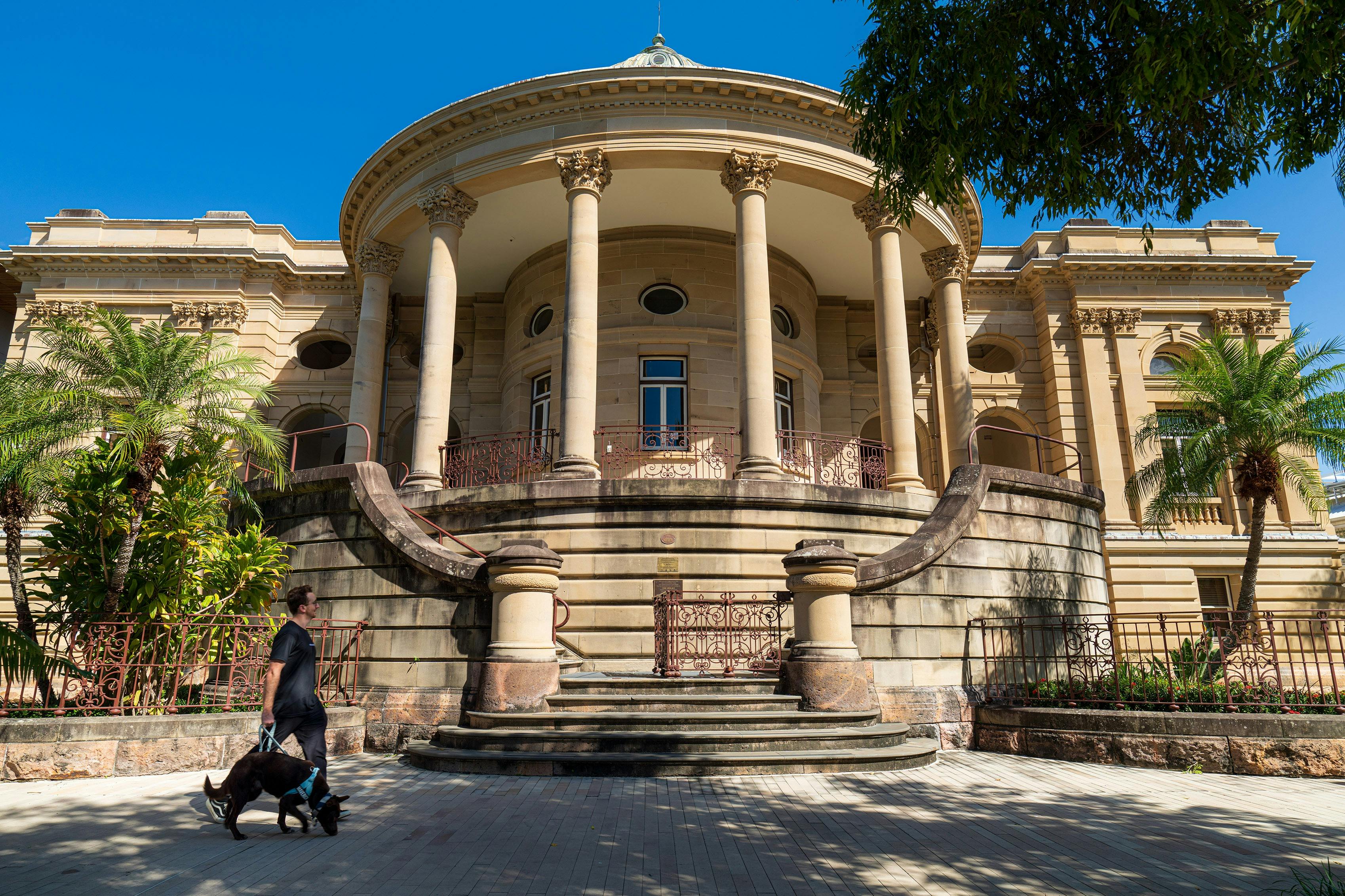 A young man walking his dog outside Customs House.