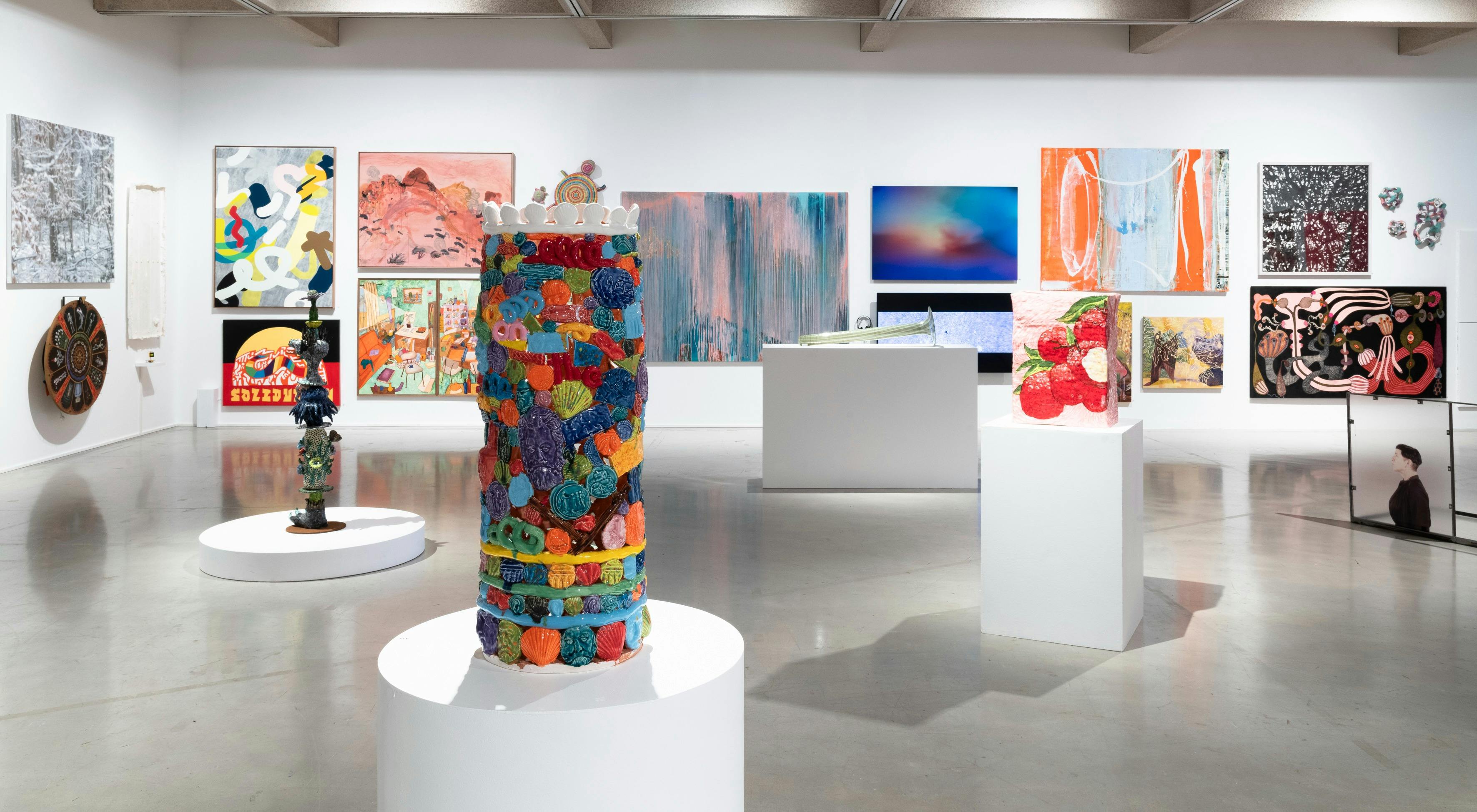 Installation image of Fisher's Ghost Art Award, featuring a multicoloured cylinder sculpture