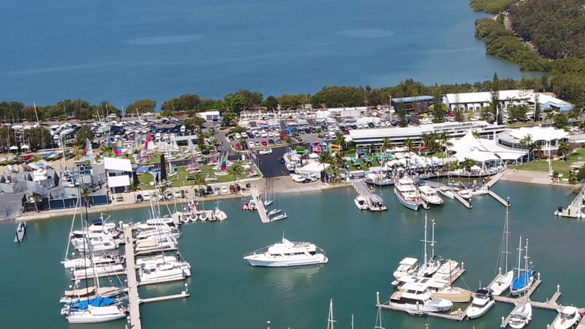 Aerial view of marina and clubhouse at Manly, Brisbane